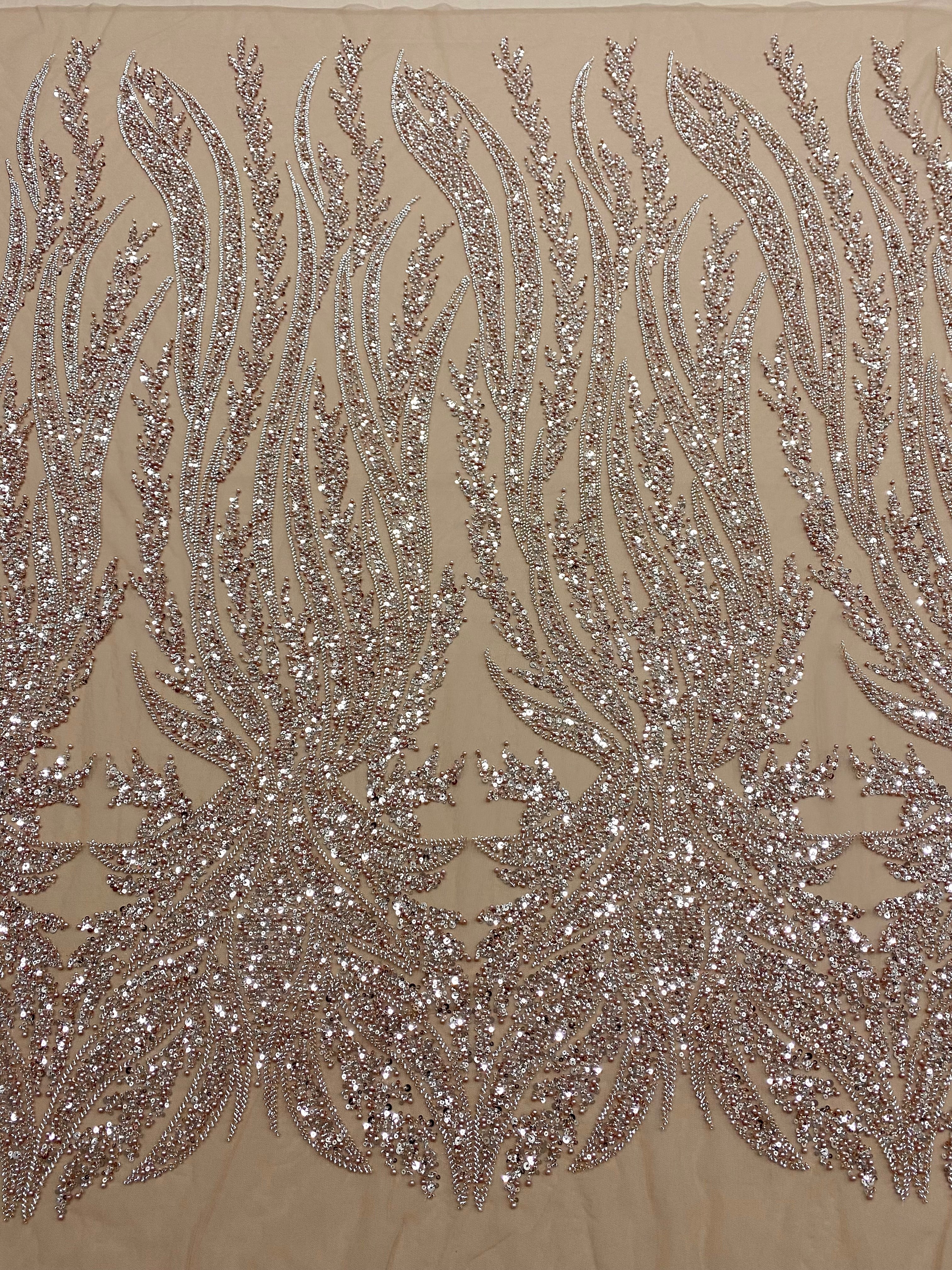 Rose Gold Couture Lace with Panel, Pearls, Beads and Sequins 