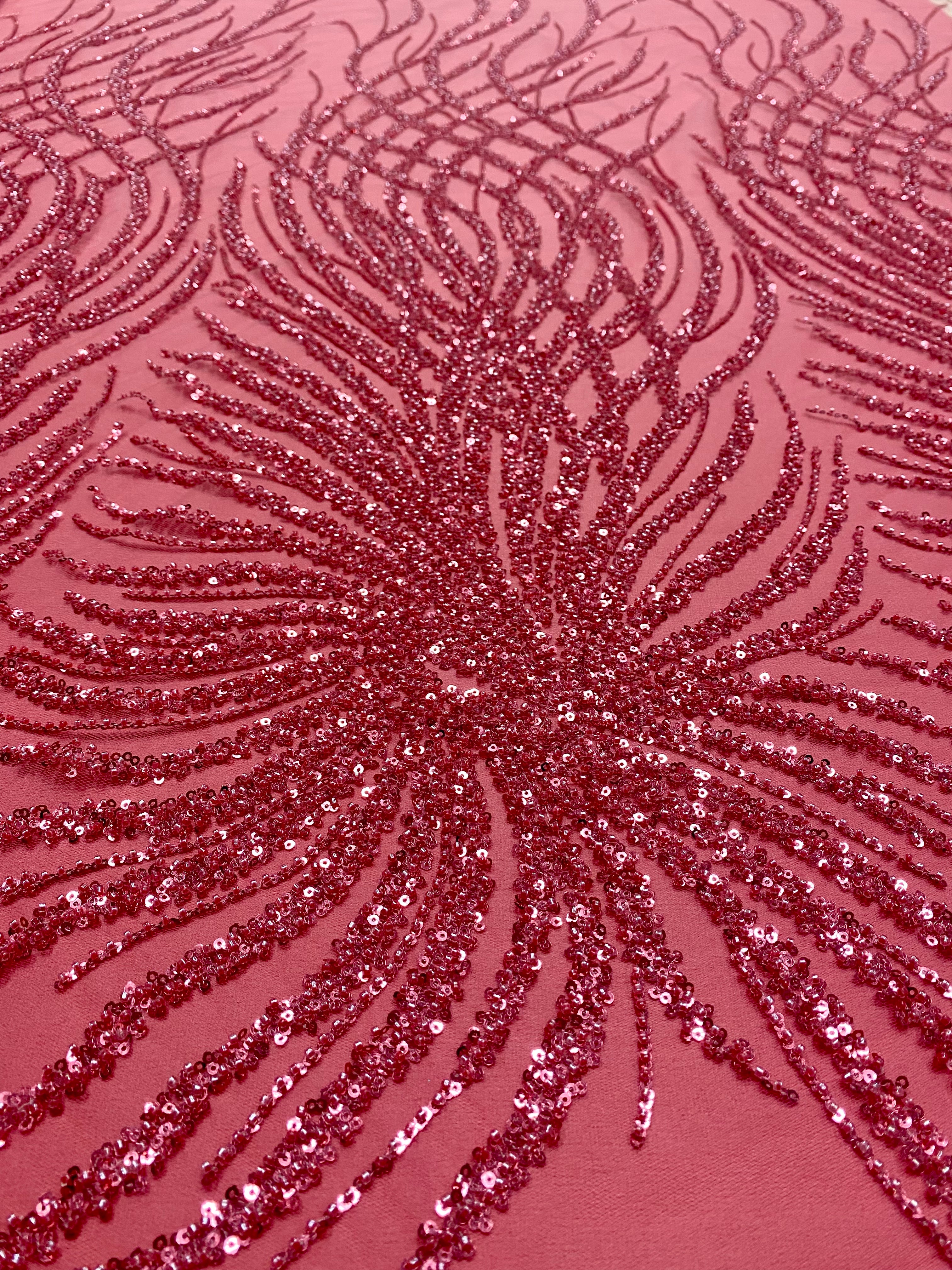 Pink Couture Lace with Geometric Pattern, with Beads and Sequins