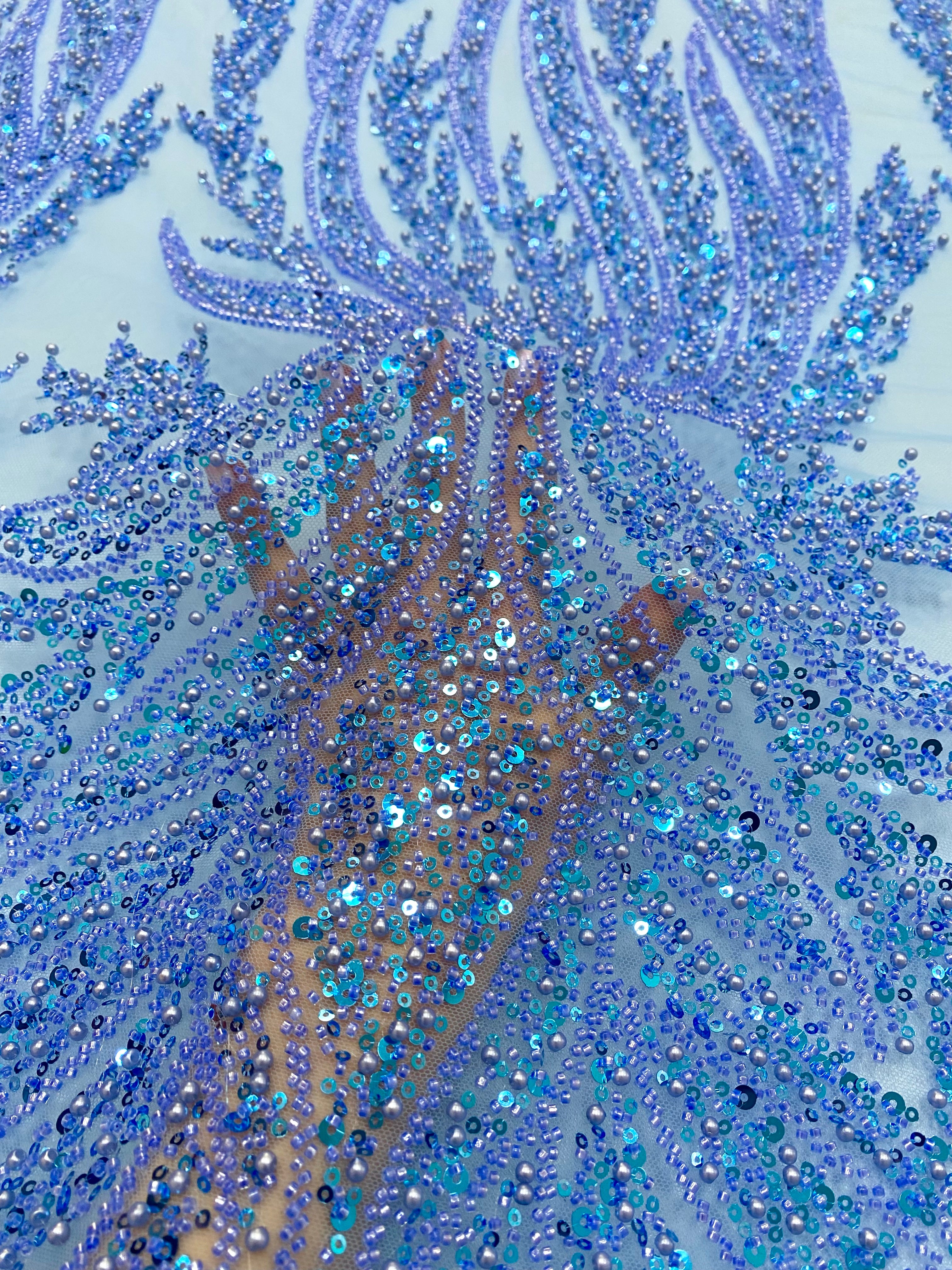 Dantela Couture Sky Blue cu Panou, cu Perle, Margele si Paiete