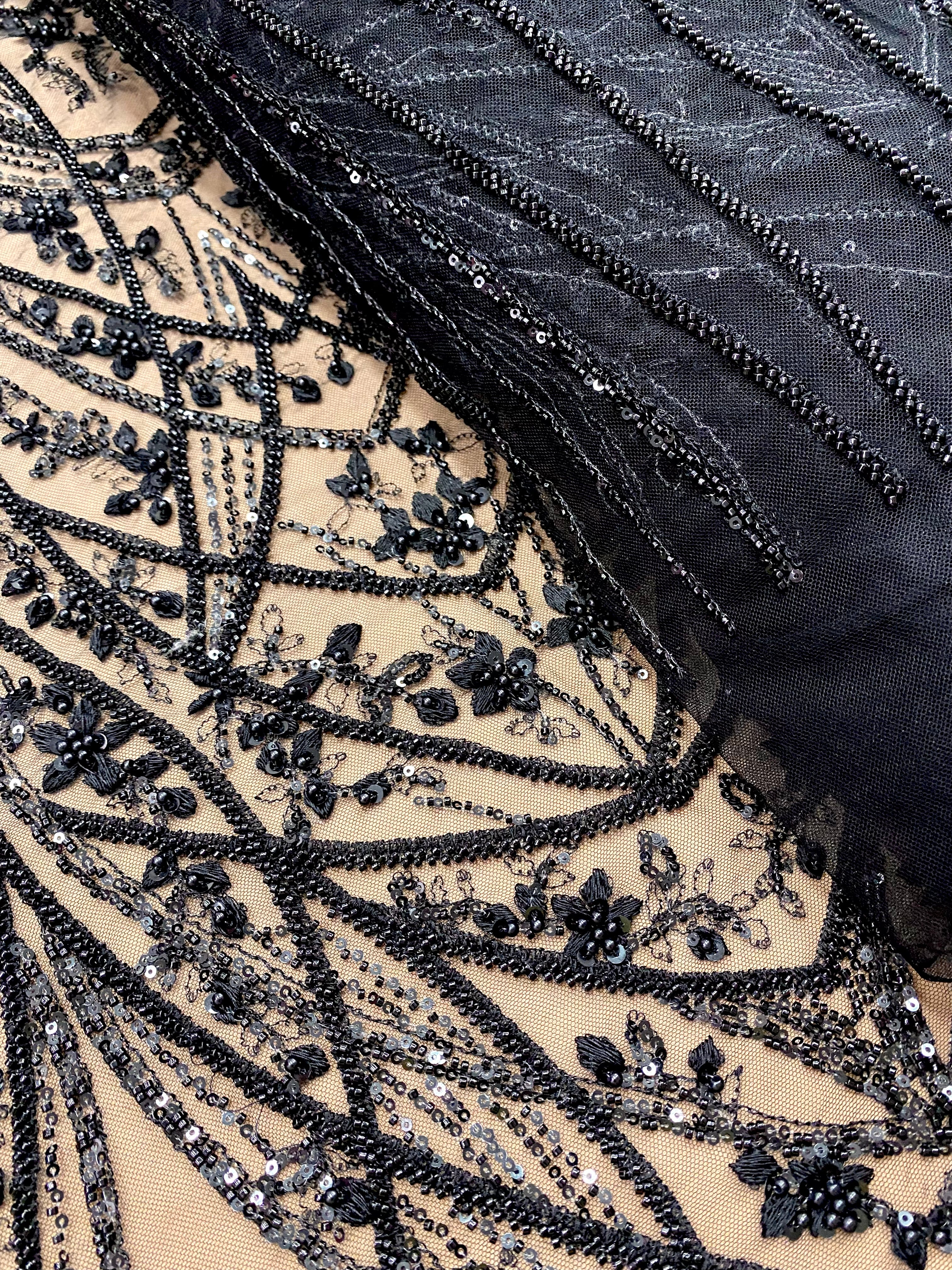 Black Couture Lace with Geometric Pattern, with Pearls, Beads and Sequins