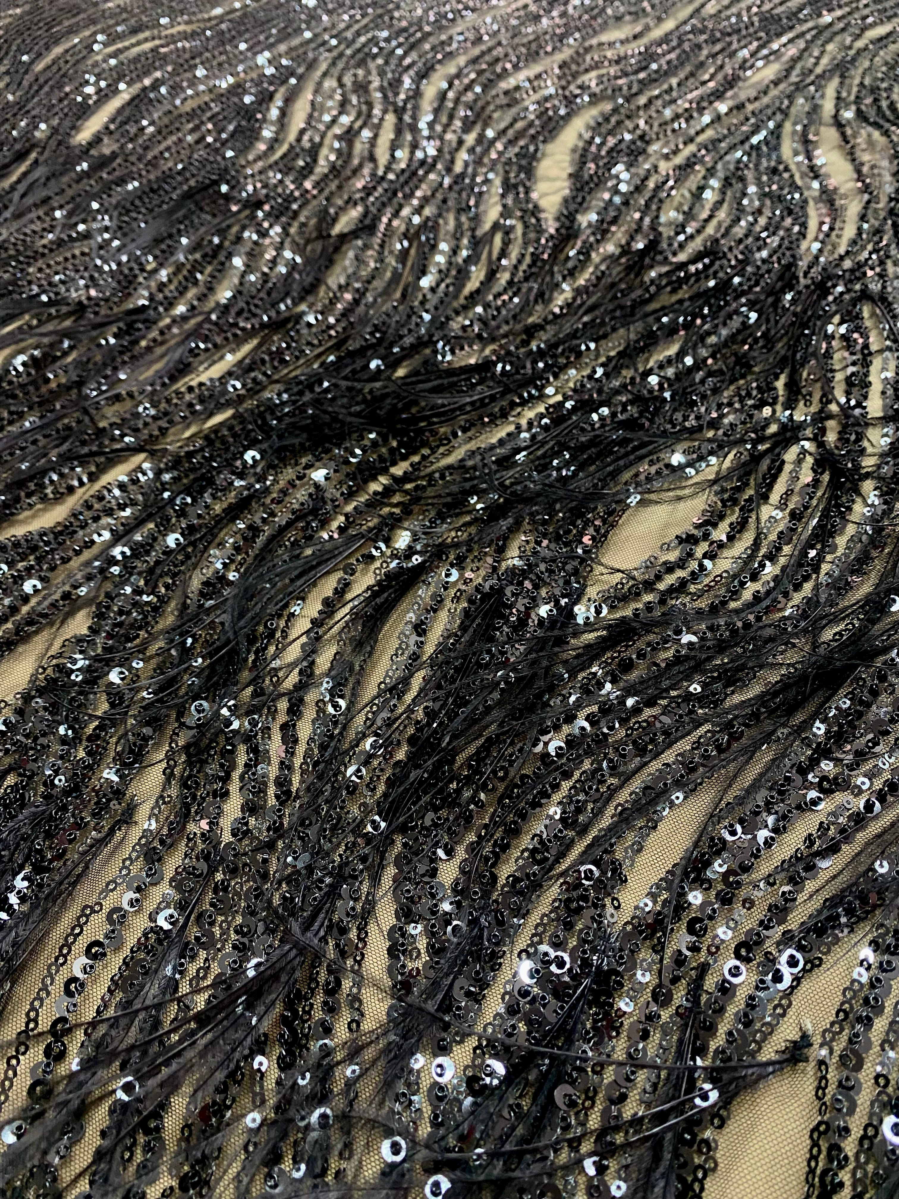 Black Couture Lace with Ostrich Feathers, Linear Pattern, Beads and Sequins