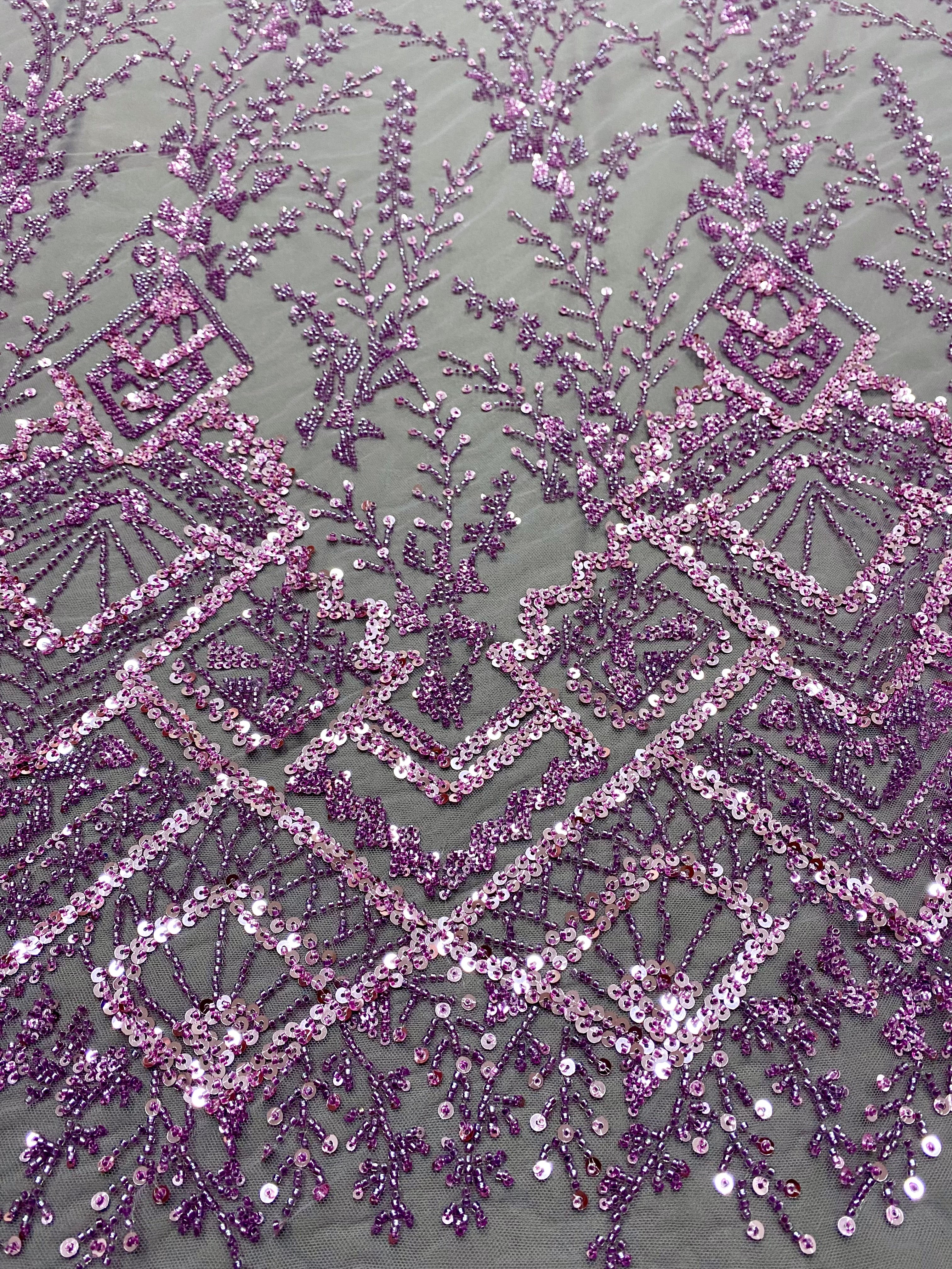 Dantela Couture Lavanda Pudrata cu Model Geometric, cu Margele si Paiete