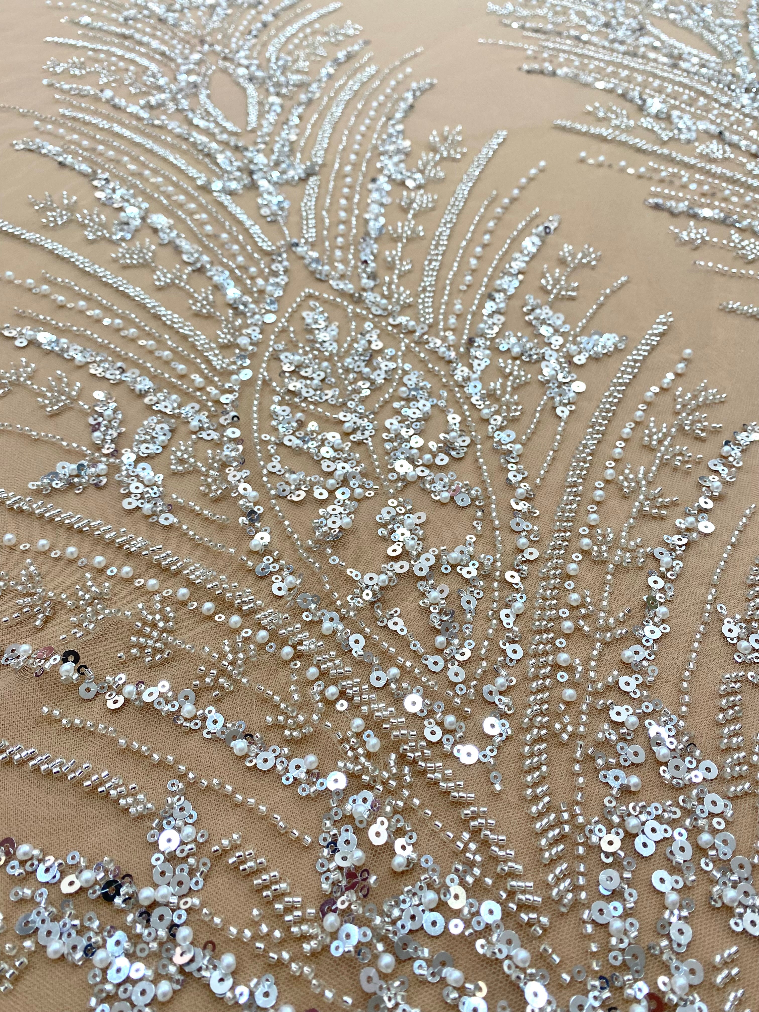 Silver Lace with Linear Pattern, with Pearls and Sequins