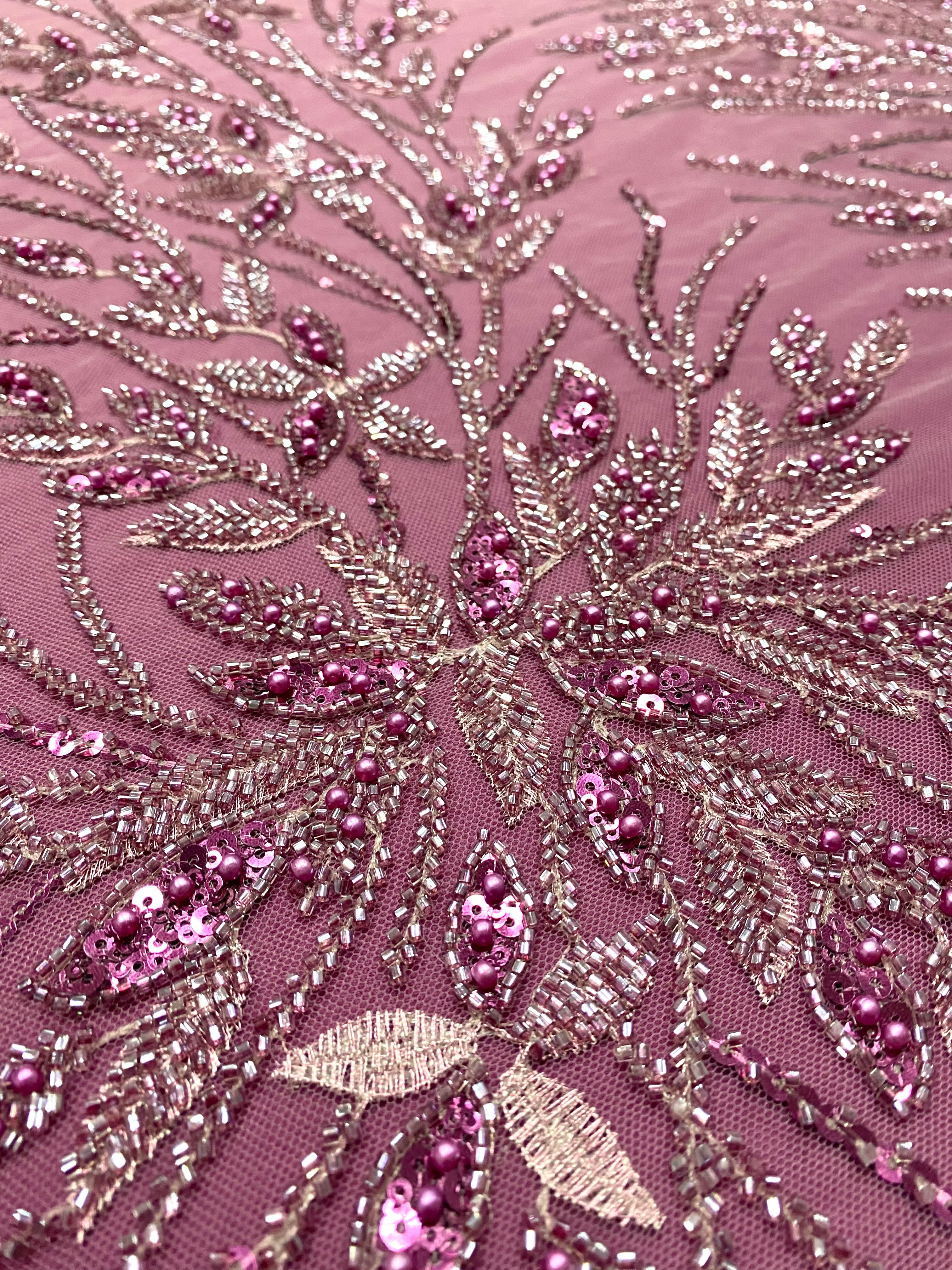 Magenta Couture Lace with Floral Pattern, Pearls, Beads and Sequins 