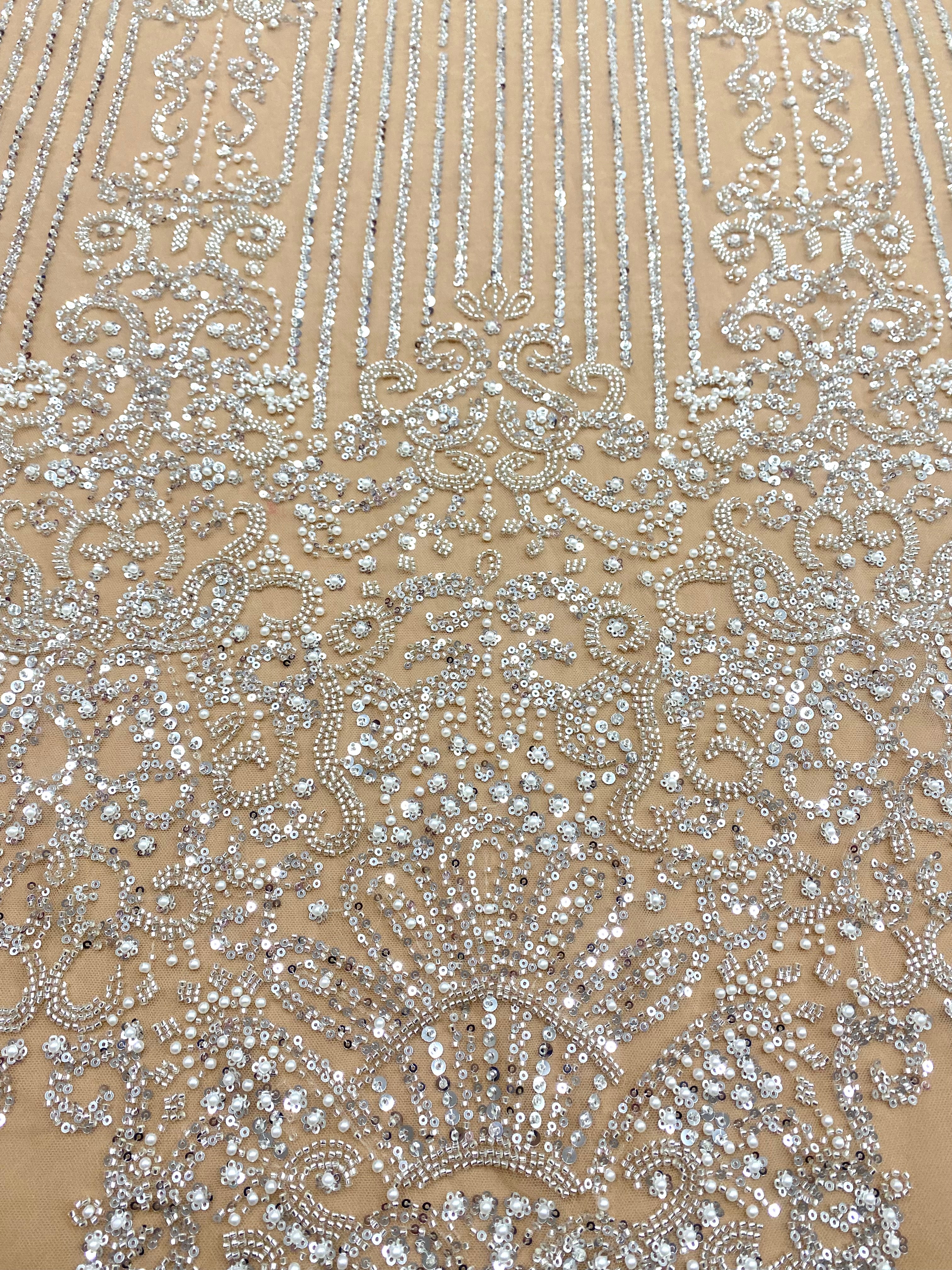 Silver Couture Lace on Nude Tulle with Geometric Pattern, with Pearls, Beads and Sequins