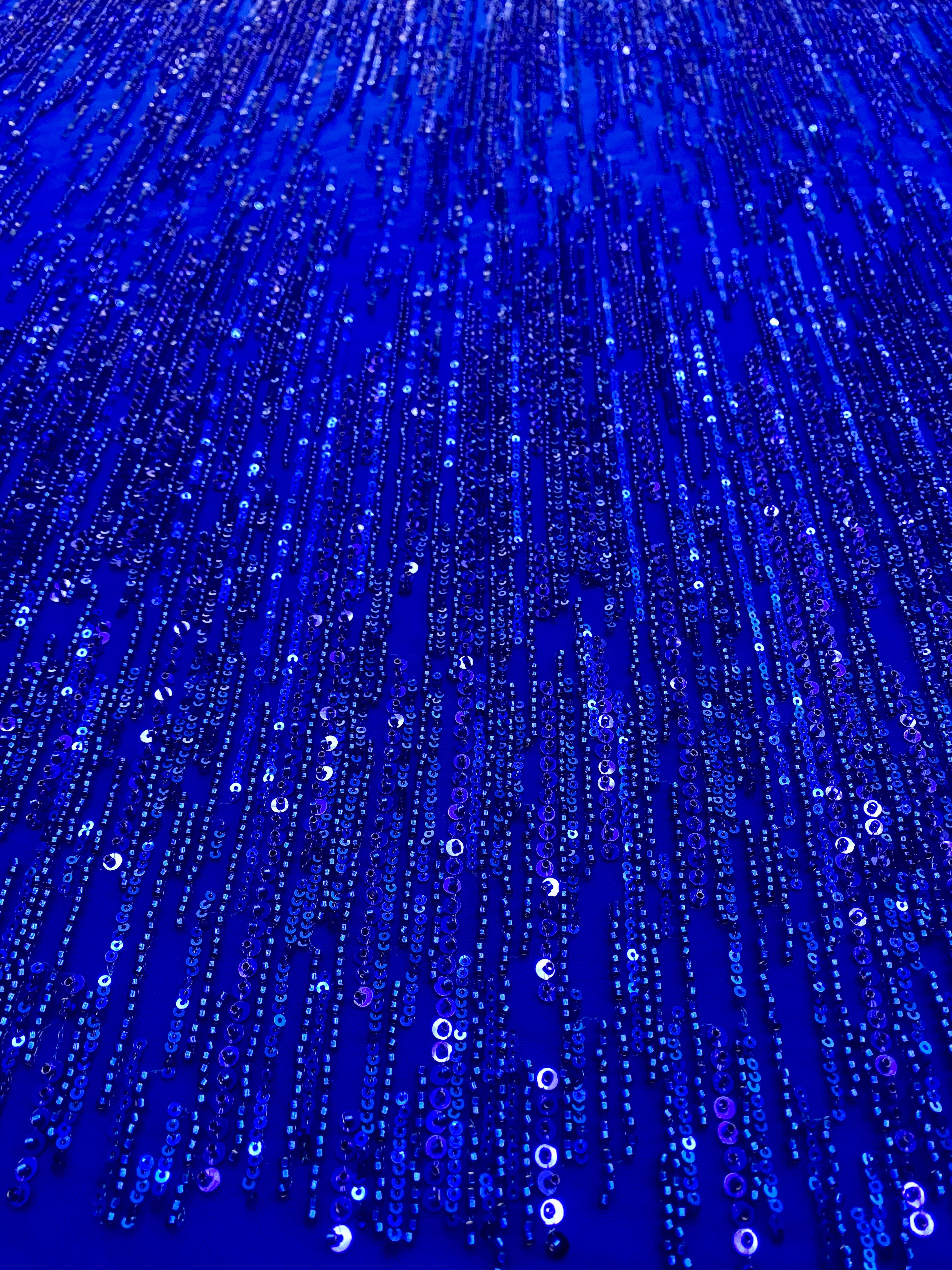 Royal Blue Couture Lace with Linear Pattern, Beads and Sequins