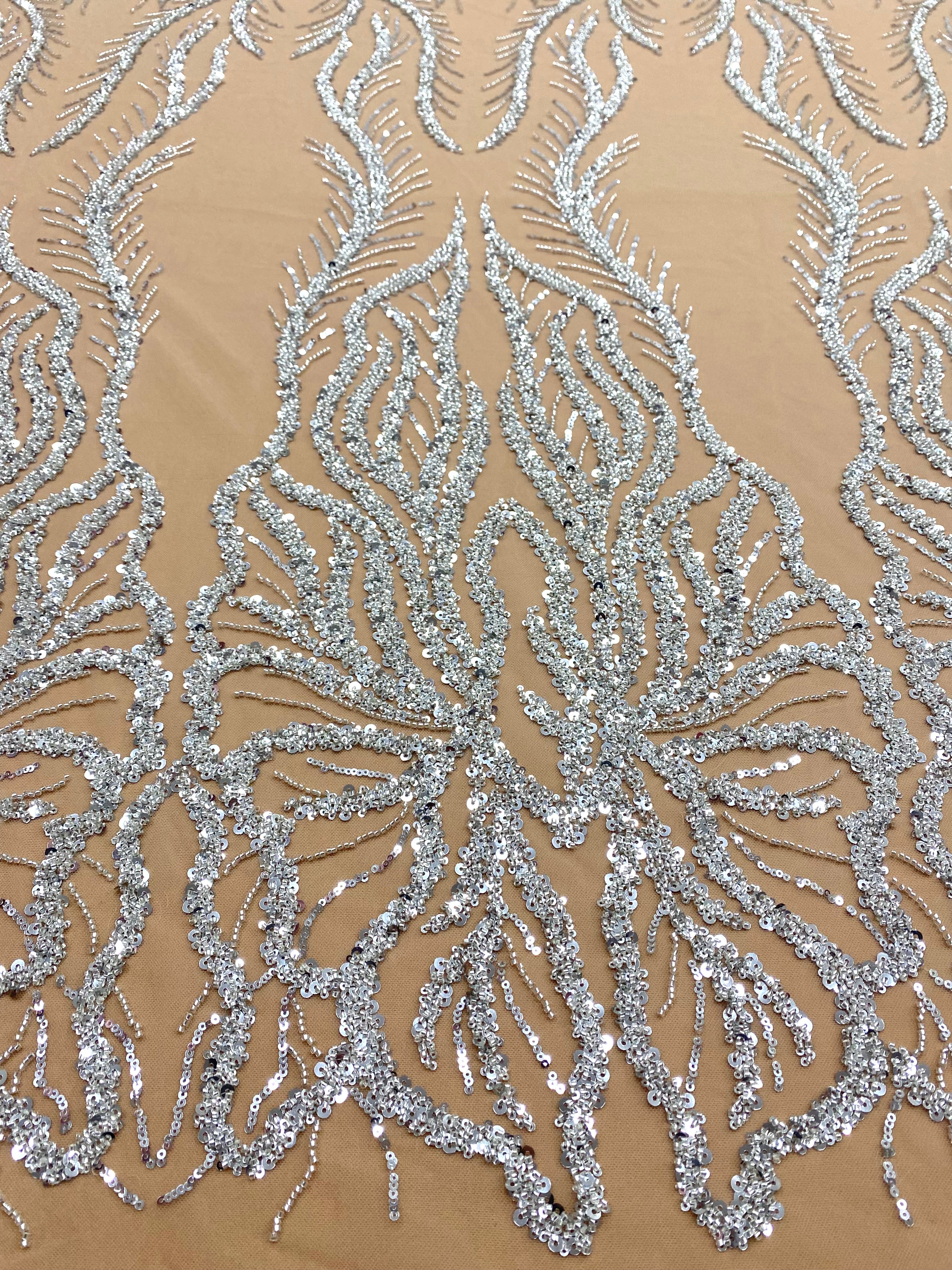 Silver Couture Lace on Nude Tulle with Panel, Beading and Sequins