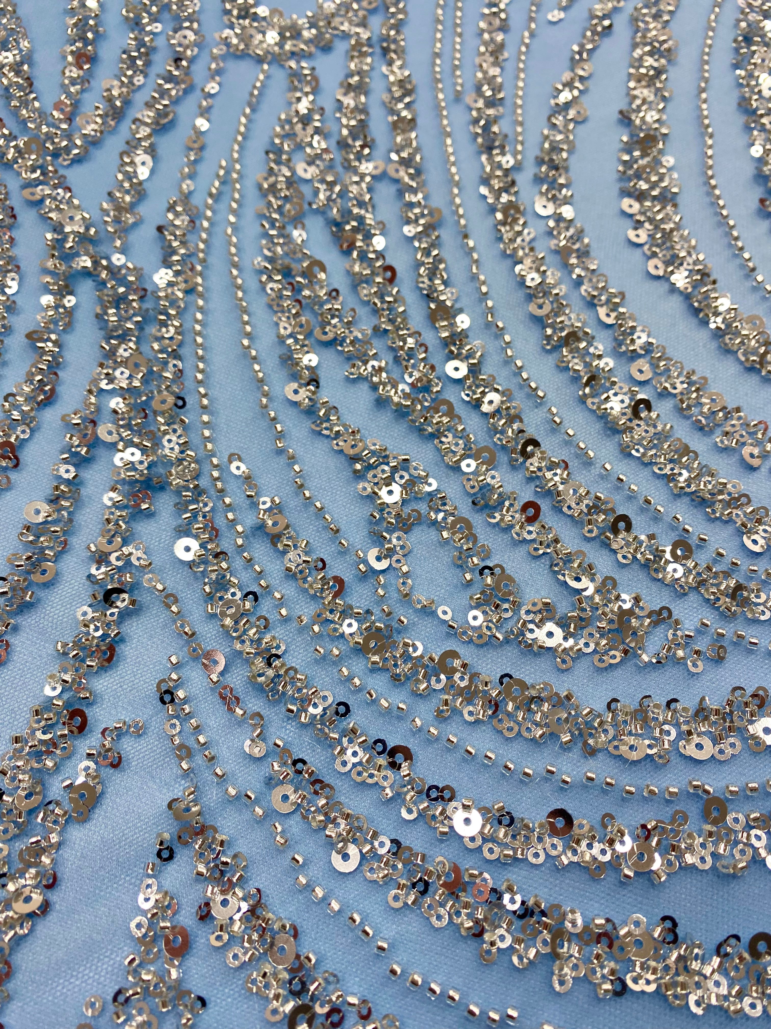 Silver Lace with Linear Pattern, with Pearls and Sequins
