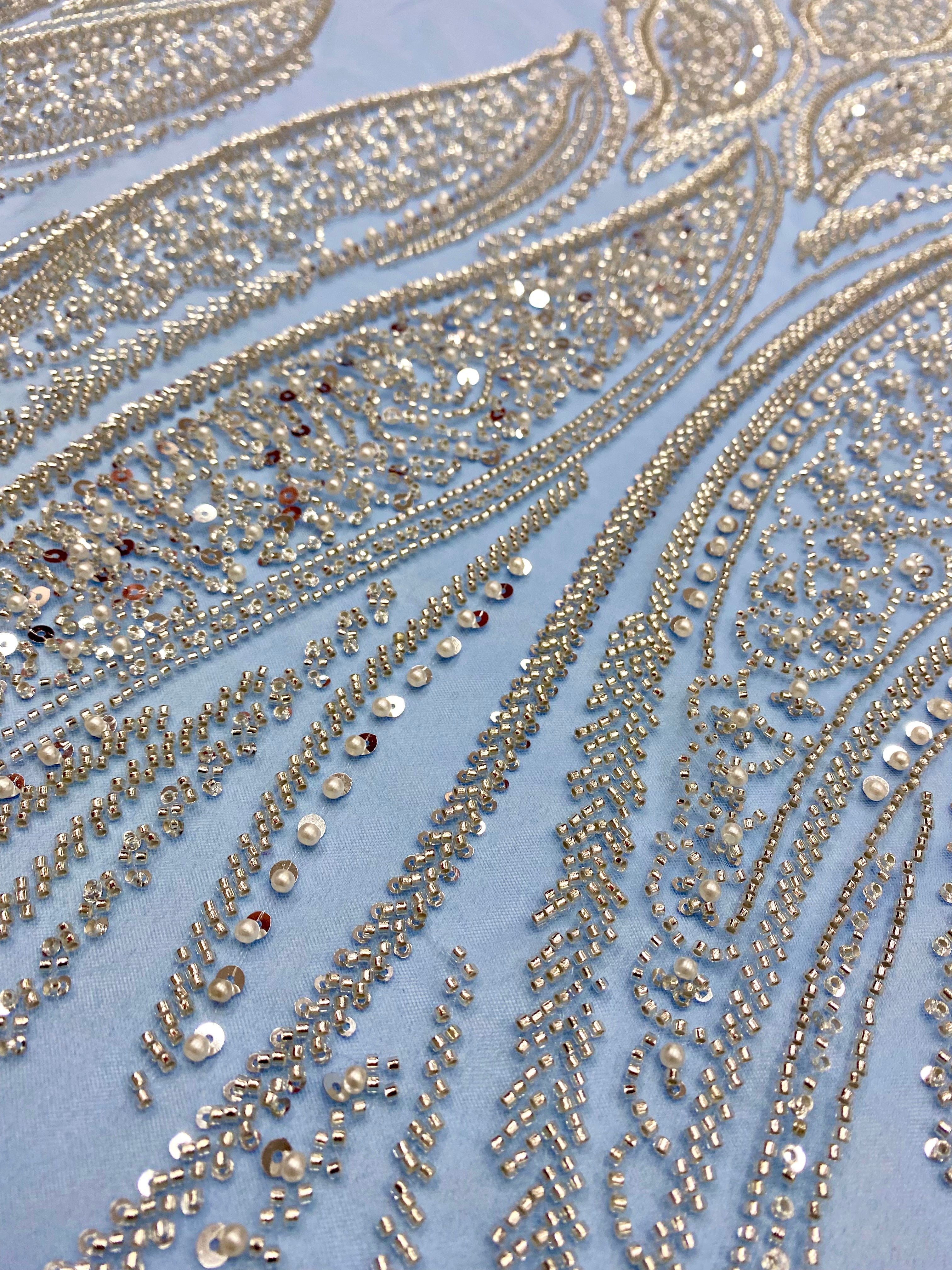 Silver Lace with Linear Pattern, with Pearls and Sequins