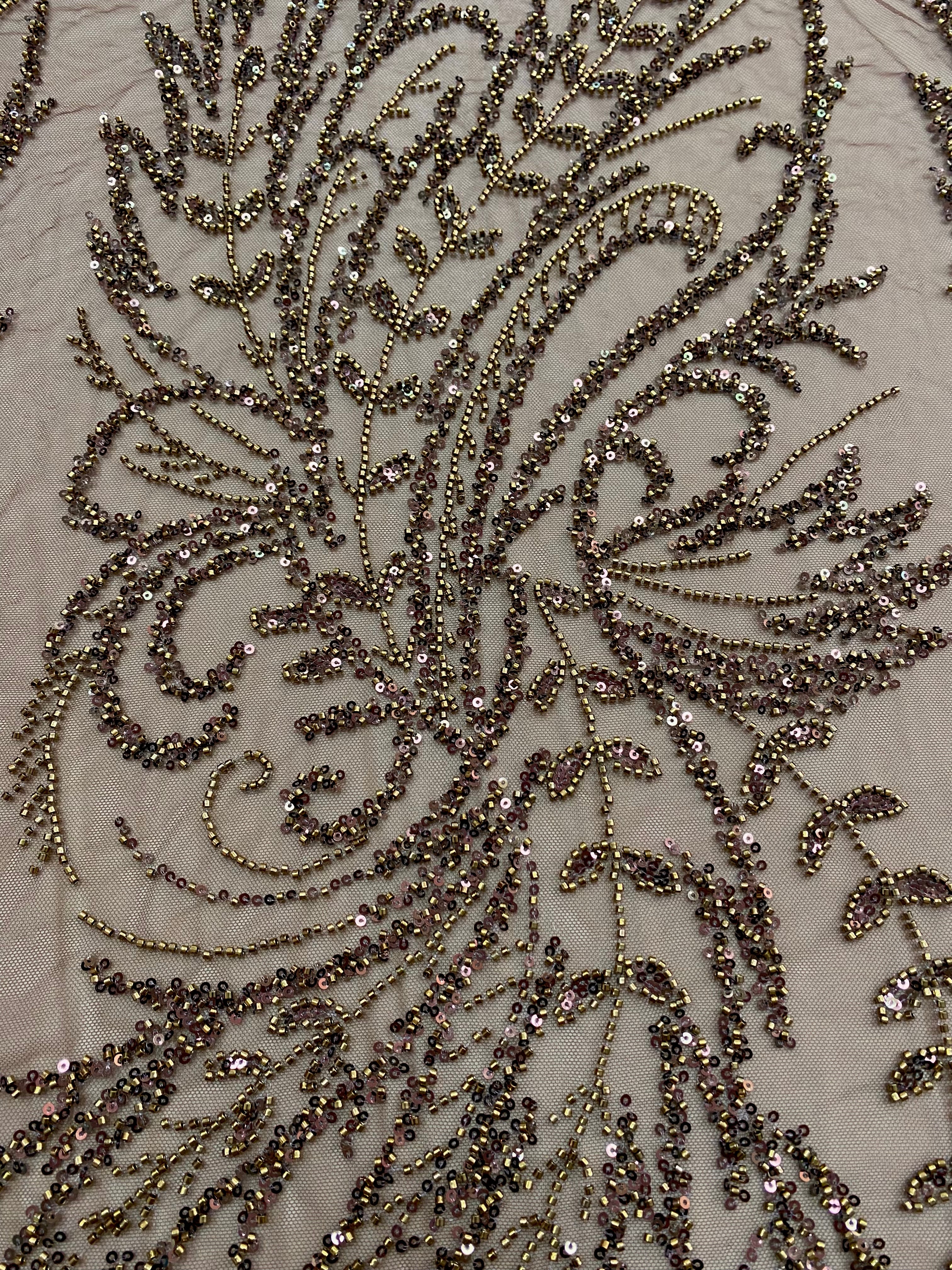 Dantela Couture Auriu Antic cu Model Floral, cu Margele si Paiete