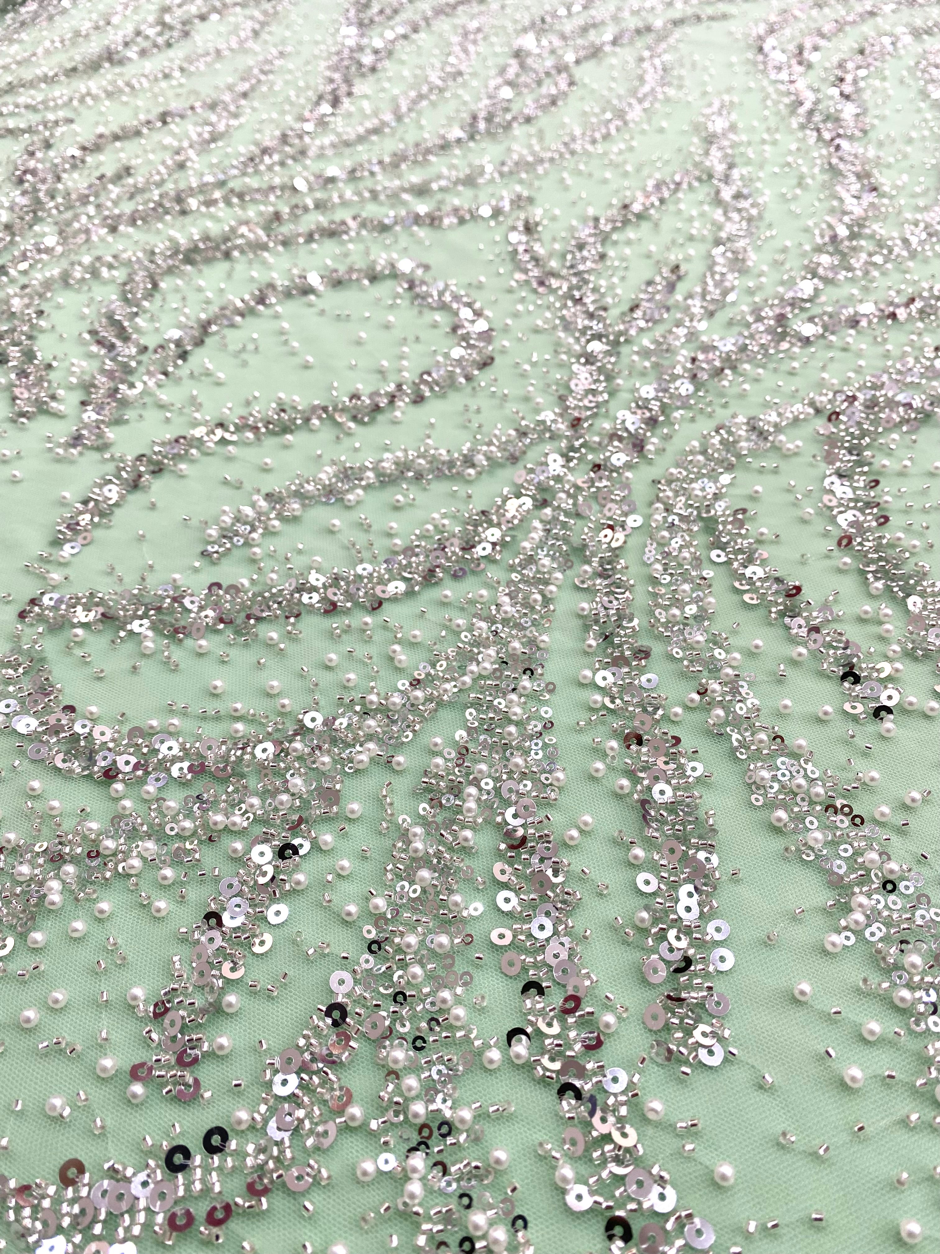 Silver Couture Lace on Mint Green Tulle with Pearls, Beads and Sequins
