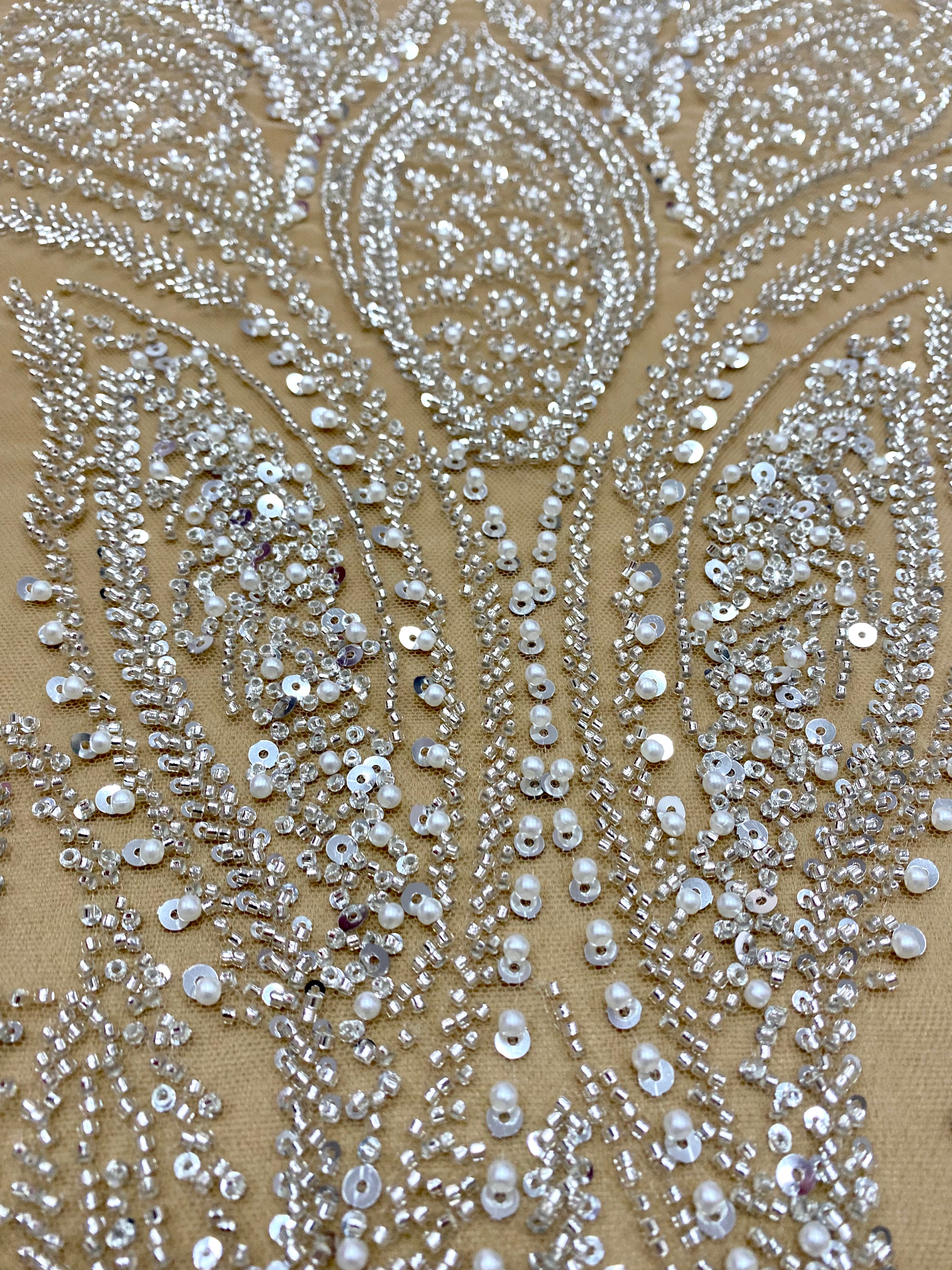 Silver Lace with Linear Pattern, with Pearls and Sequins