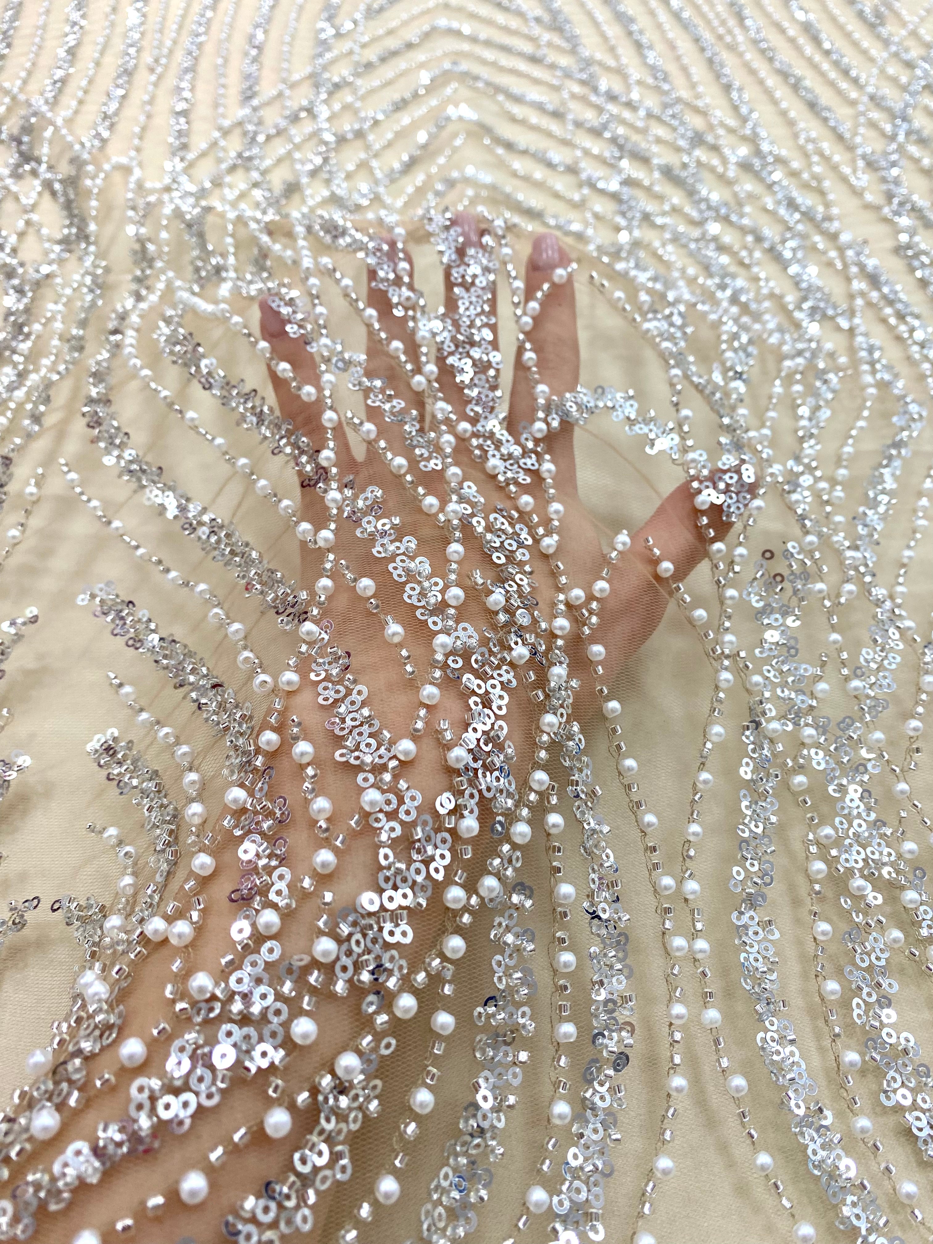 Silver Couture Lace on Nude Tulle with Panel, with Pearls, Beads and Sequins