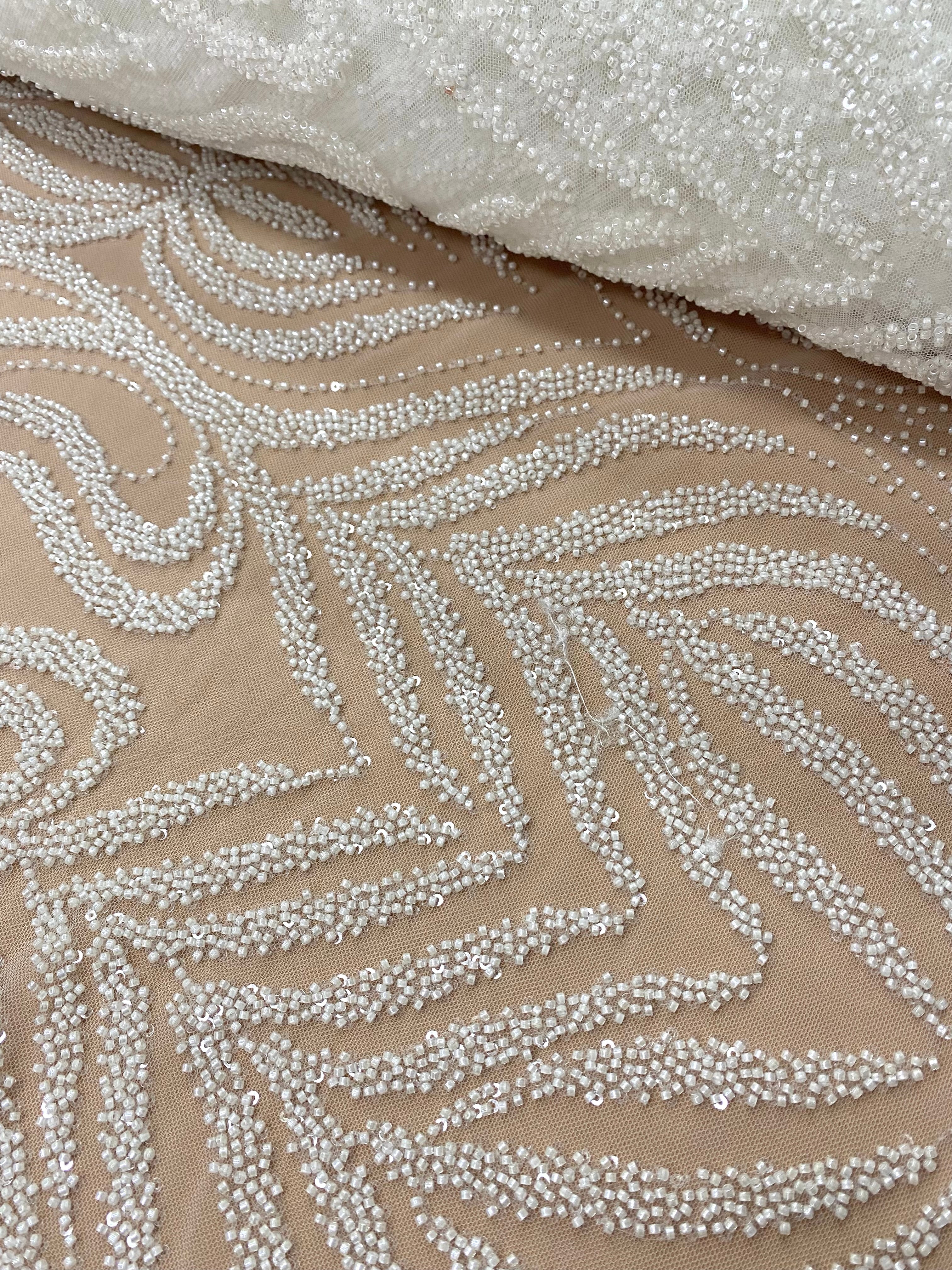 Ivory Couture Lace with Geometric Pattern, Beads and Sequins