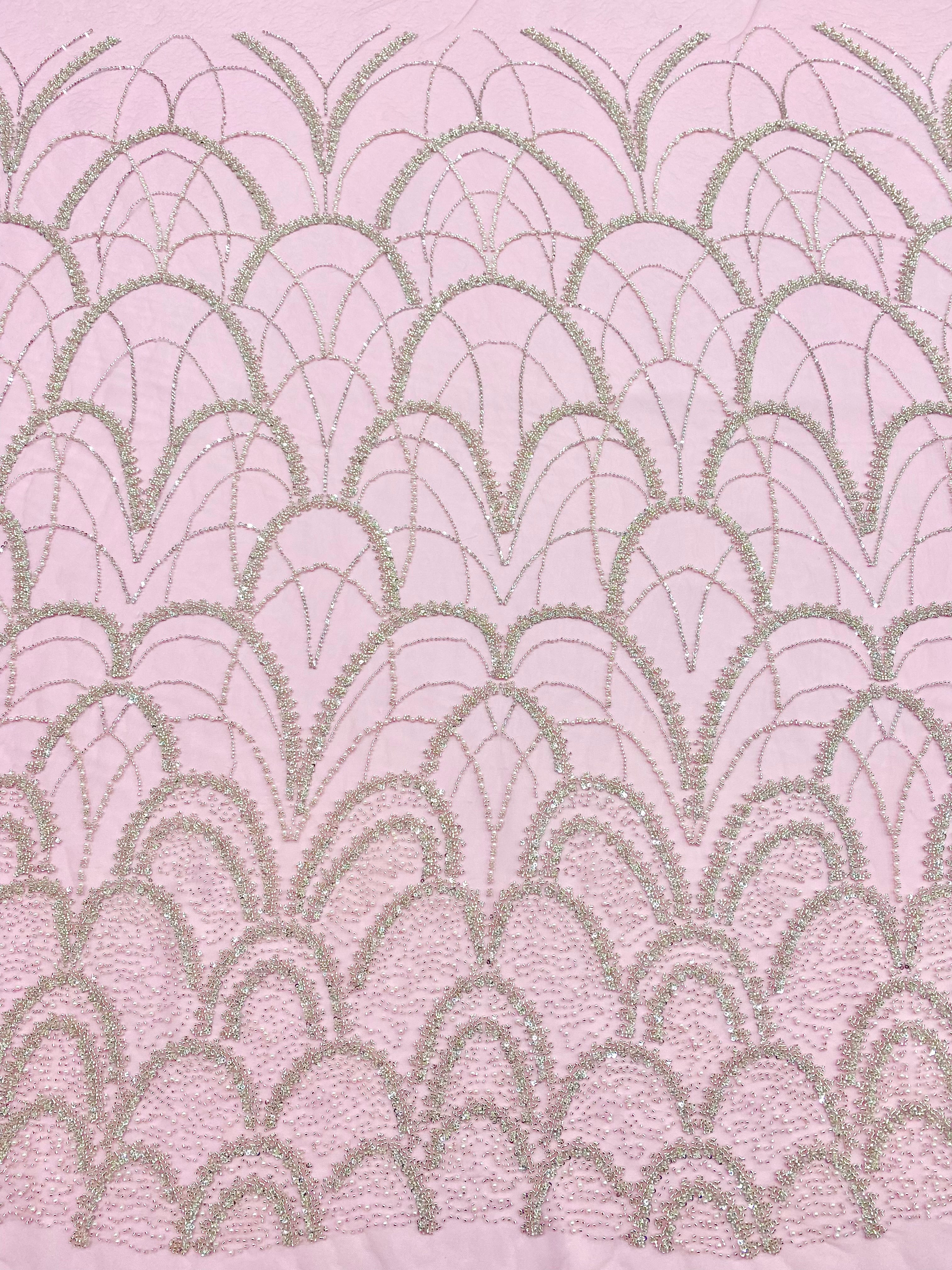 Silver Couture Lace on Pink Tulle with Geometric Pattern, with Pearls, Beads and Sequins
