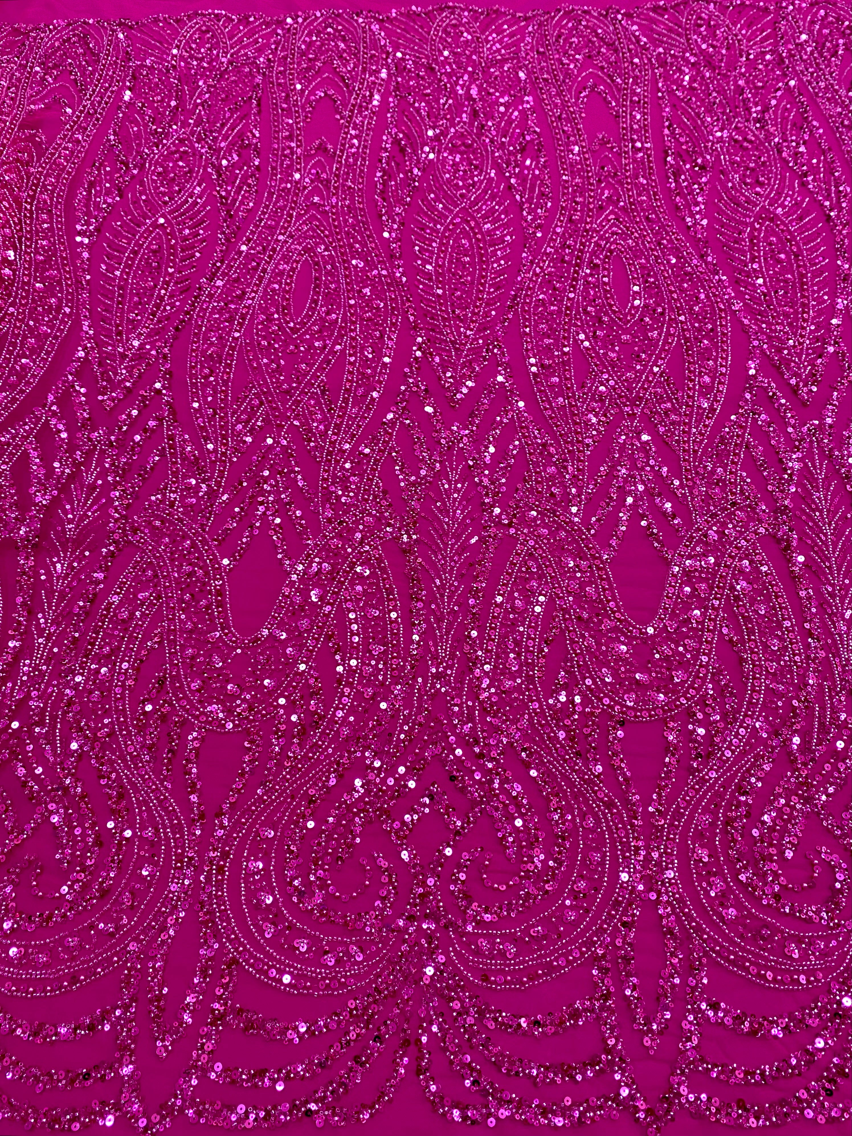 Dantela Couture Fucsia geometriai mintával, gyöngyökkel, gyöngyöcskékkel és flitterekkel