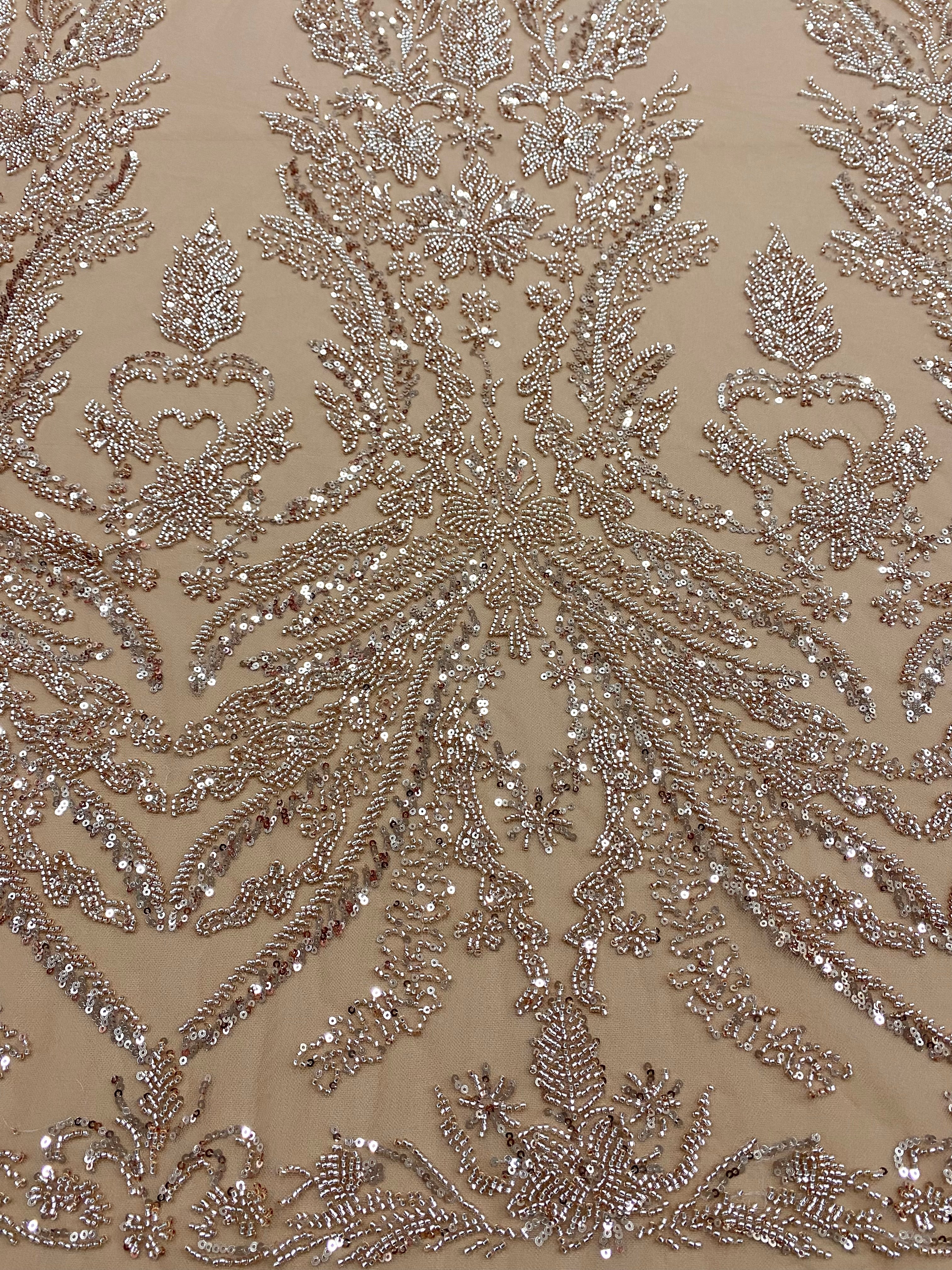 Rose Gold Couture Lace with Floral Pattern, Beads and Sequins