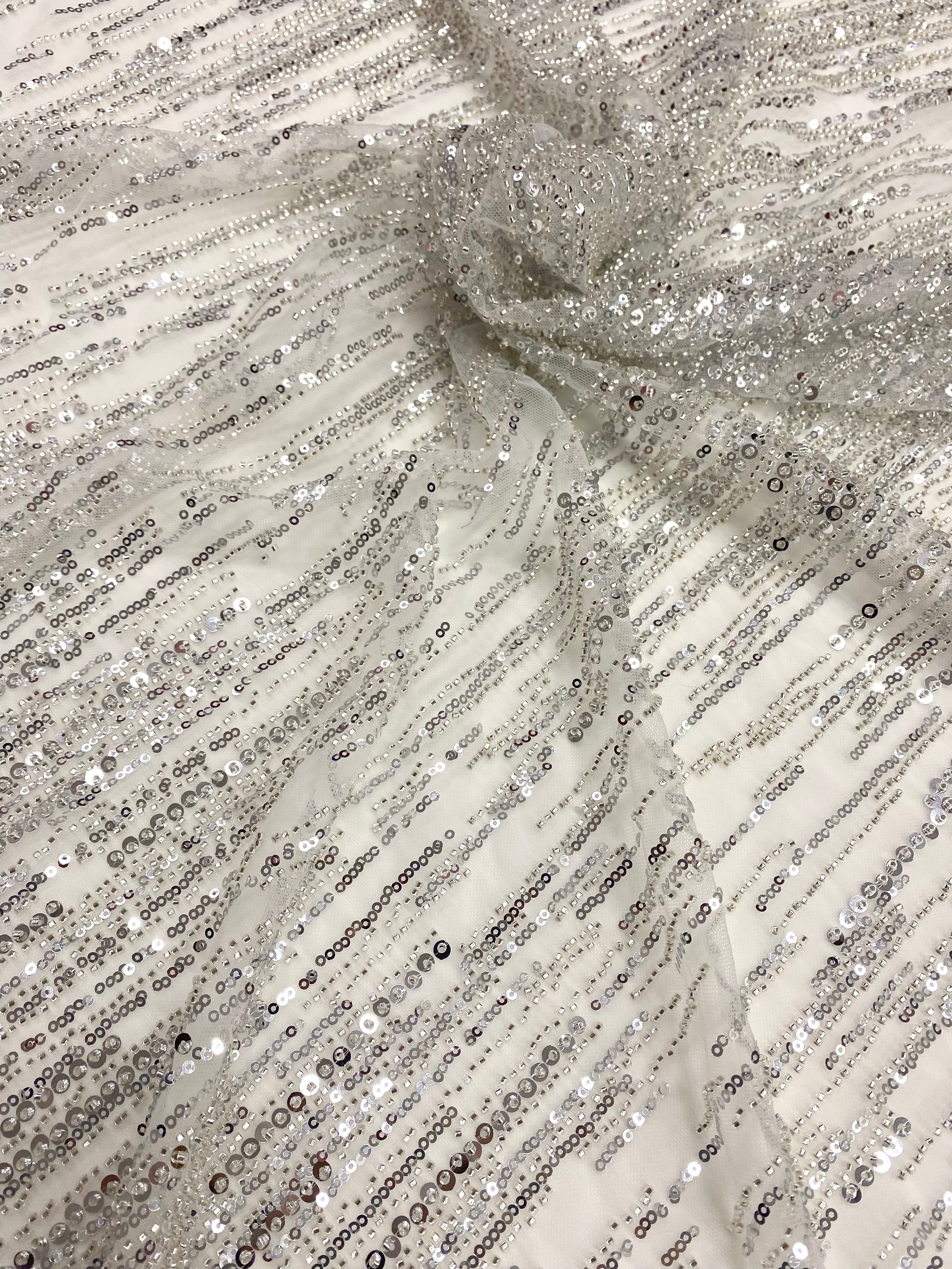 Silver Couture Lace on Ivory Tulle with Linear Pattern, with Beads and Sequins