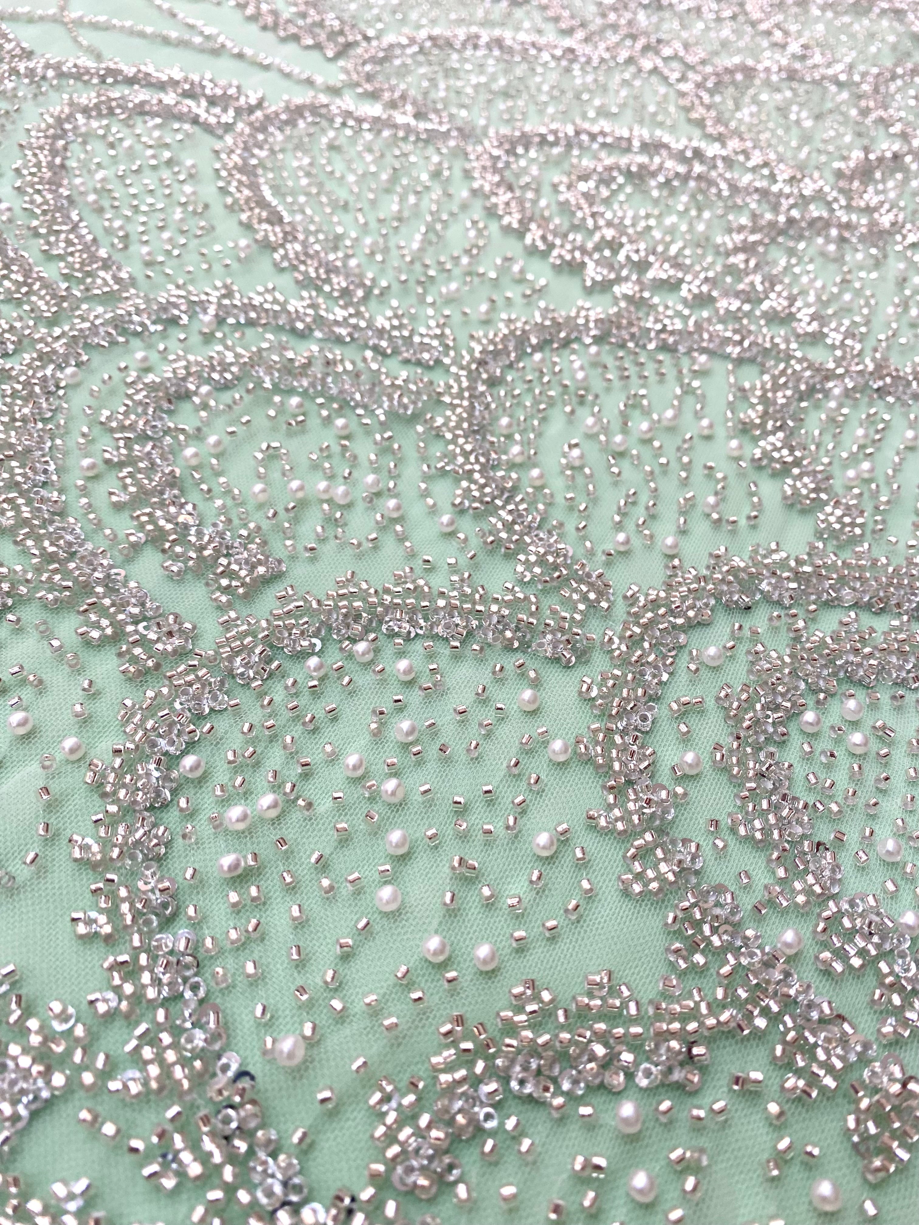 Silver Couture Lace on Mint Green Tulle with Geometric Pattern, with Pearls, Beads and Sequins