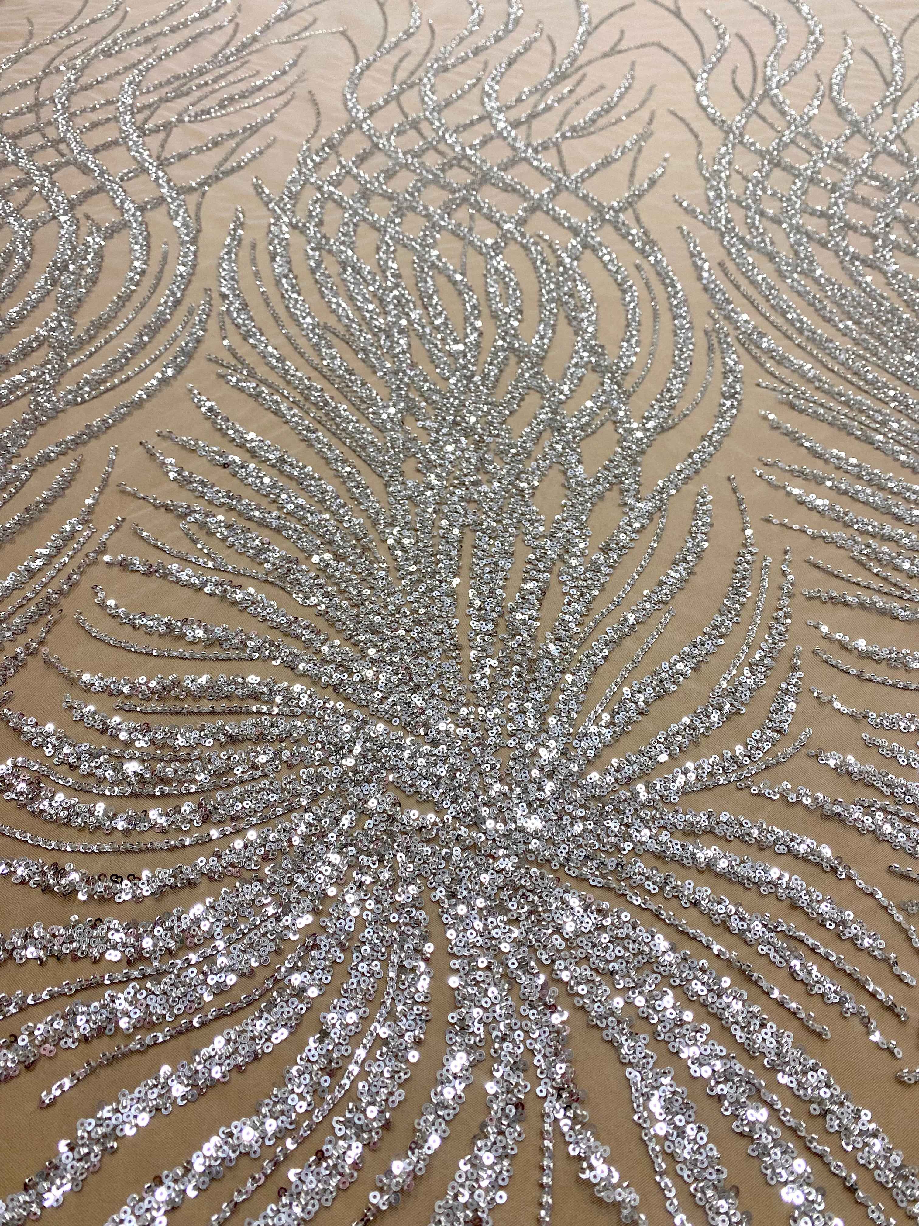 Silver Lace with Geometric Pattern, with Beads and Sequins