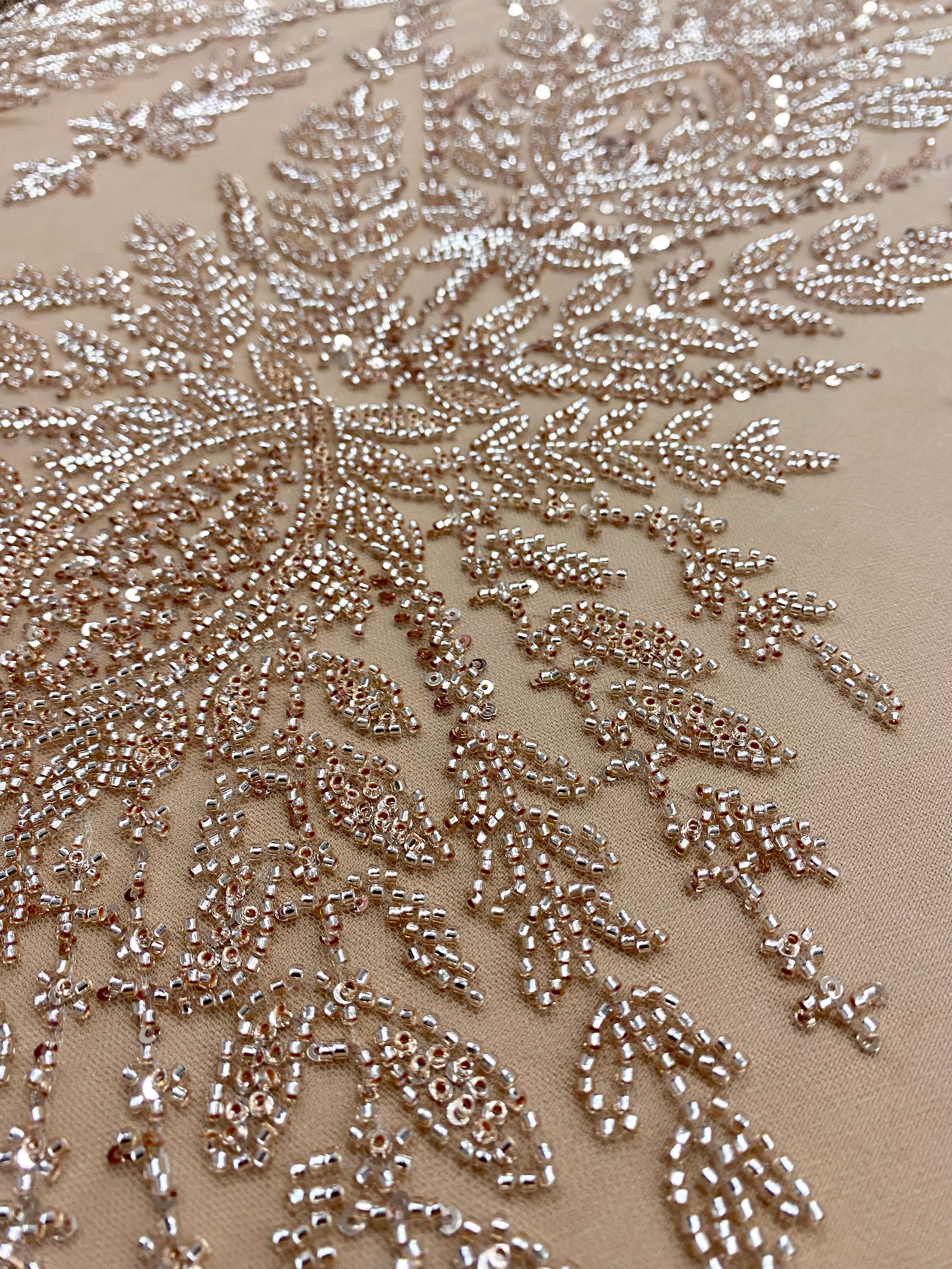 Rose Gold Couture Lace with Symmetrical Pattern, with Beads and Sequins 