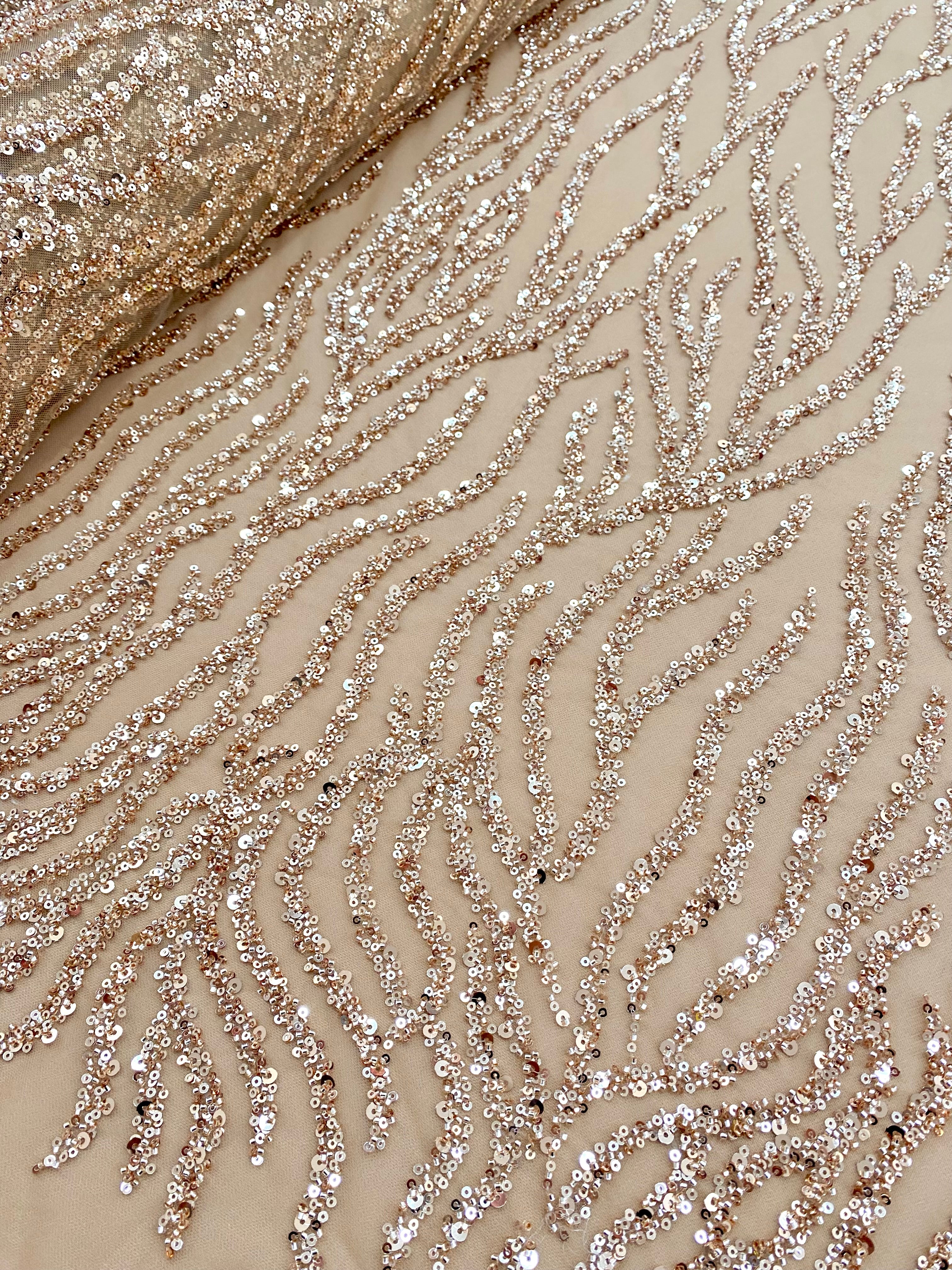 Rose Gold Couture Lace with Strings, Beads and Sequins