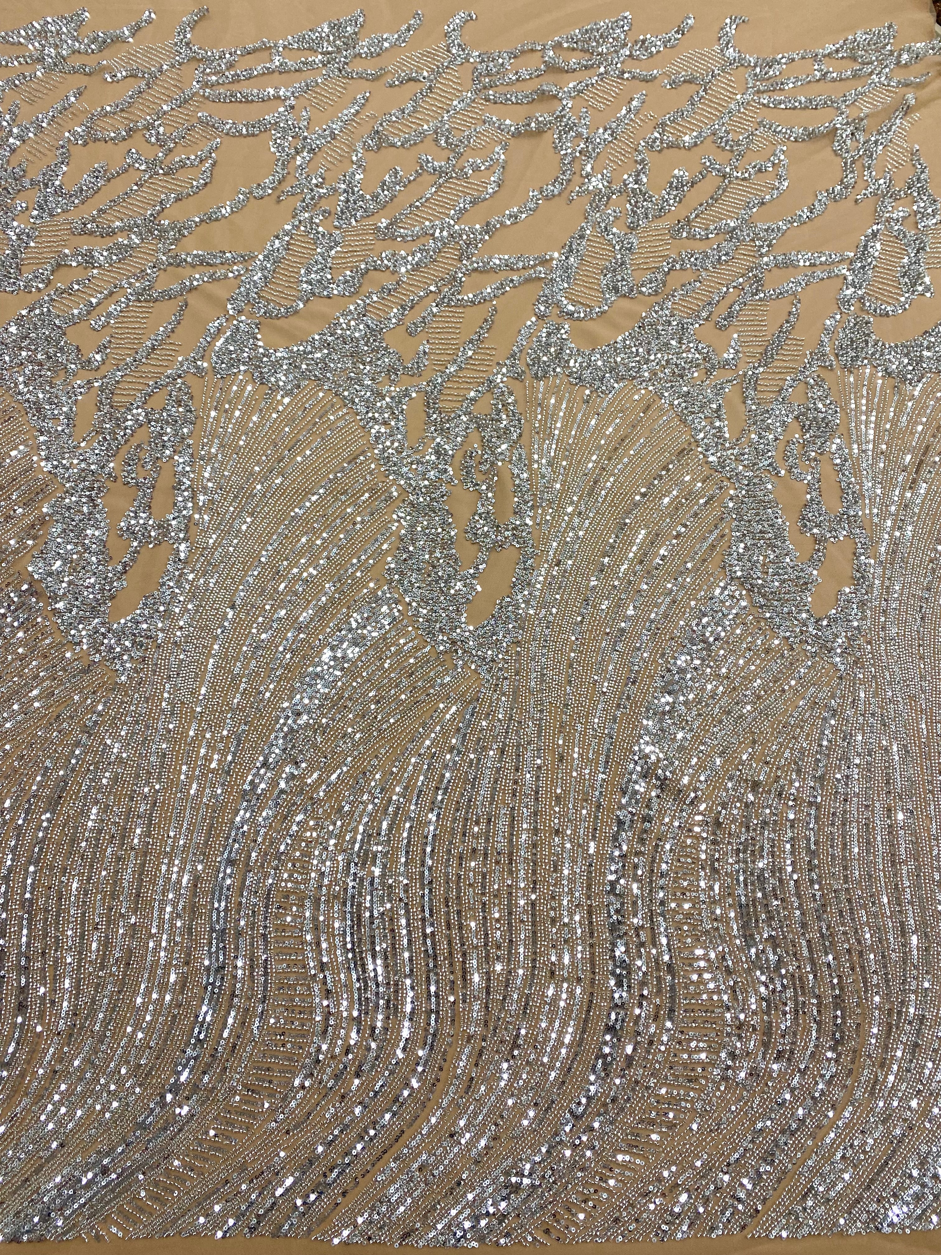 Silver Couture Lace on Nude Tulle with Geometric Pattern, Beads and Sequins