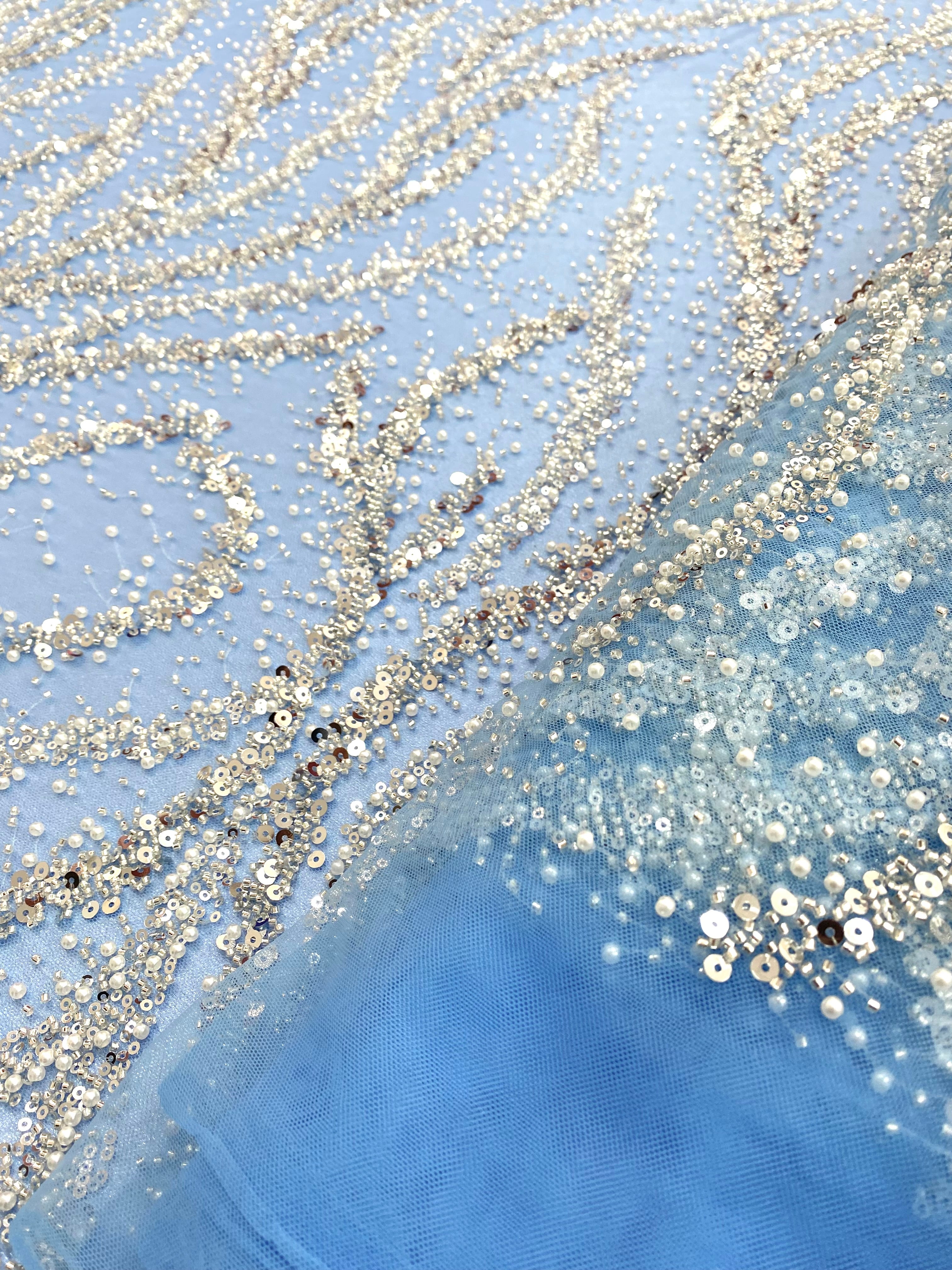 Silver Couture Lace on Blue Tulle with Pearls, Beads and Sequins 