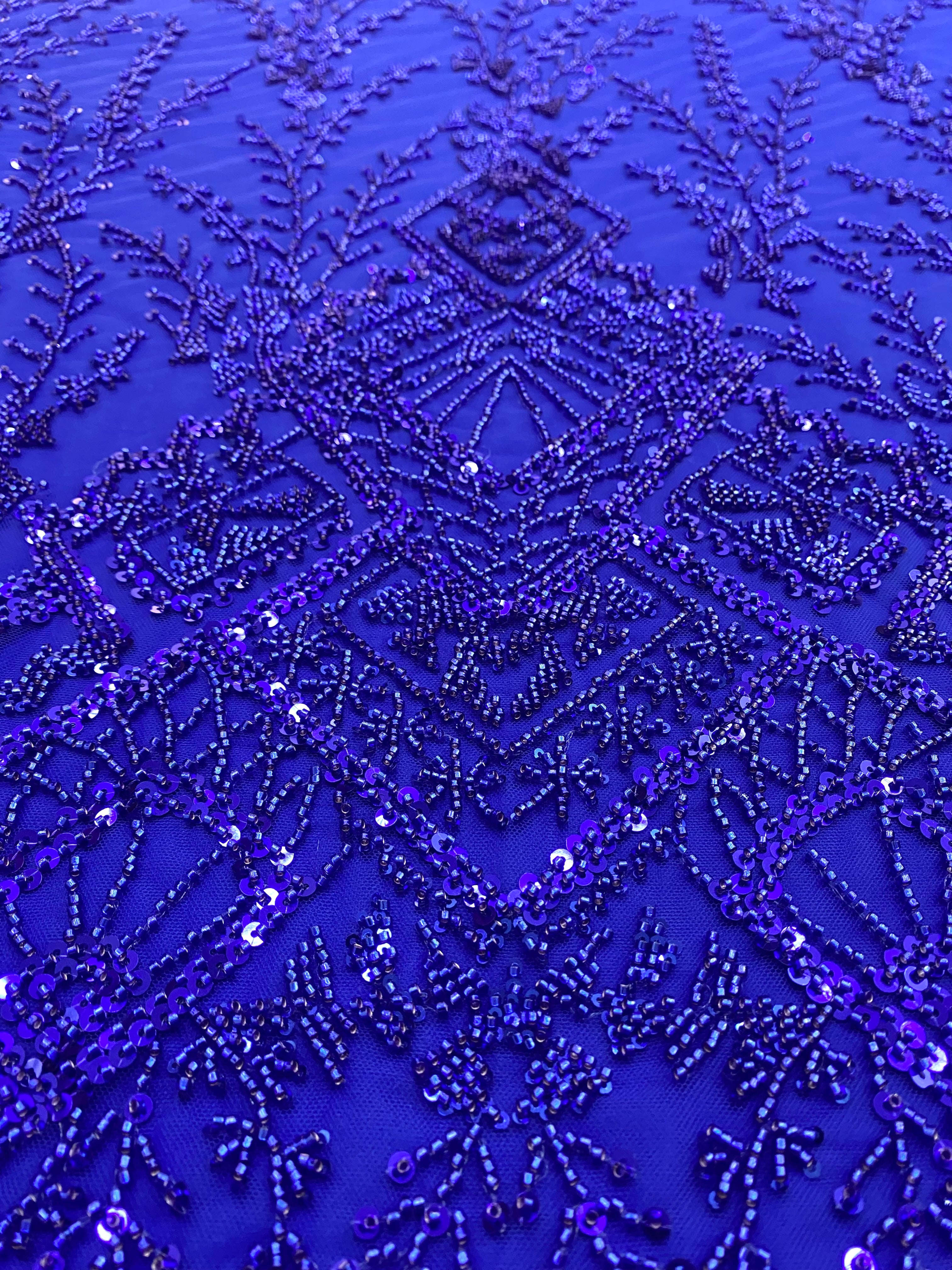 Royal Blue Couture Lace with Geometric Pattern, Beads and Sequins