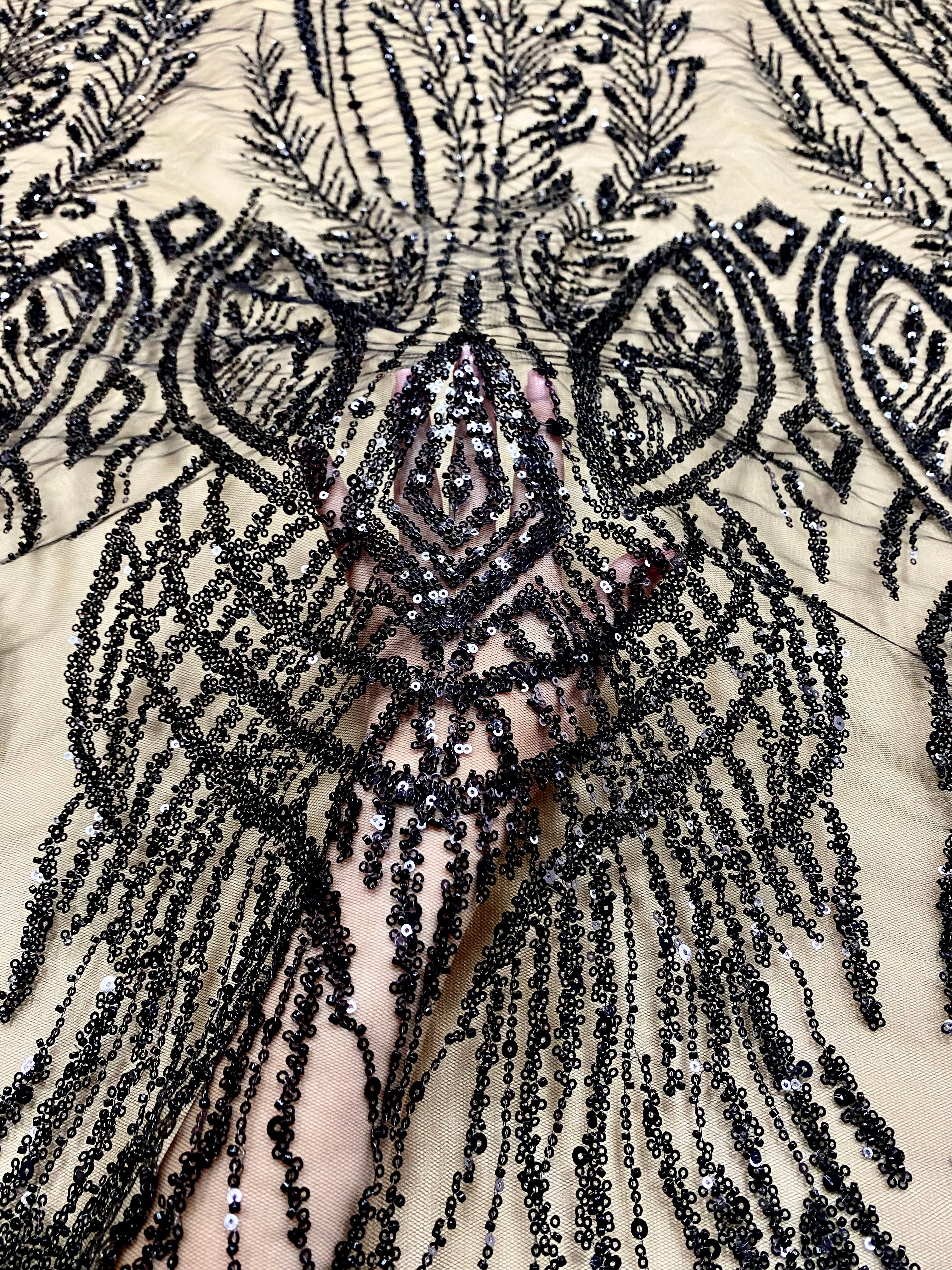 Silver Lace with Linear Pattern, with Pearls and Sequins