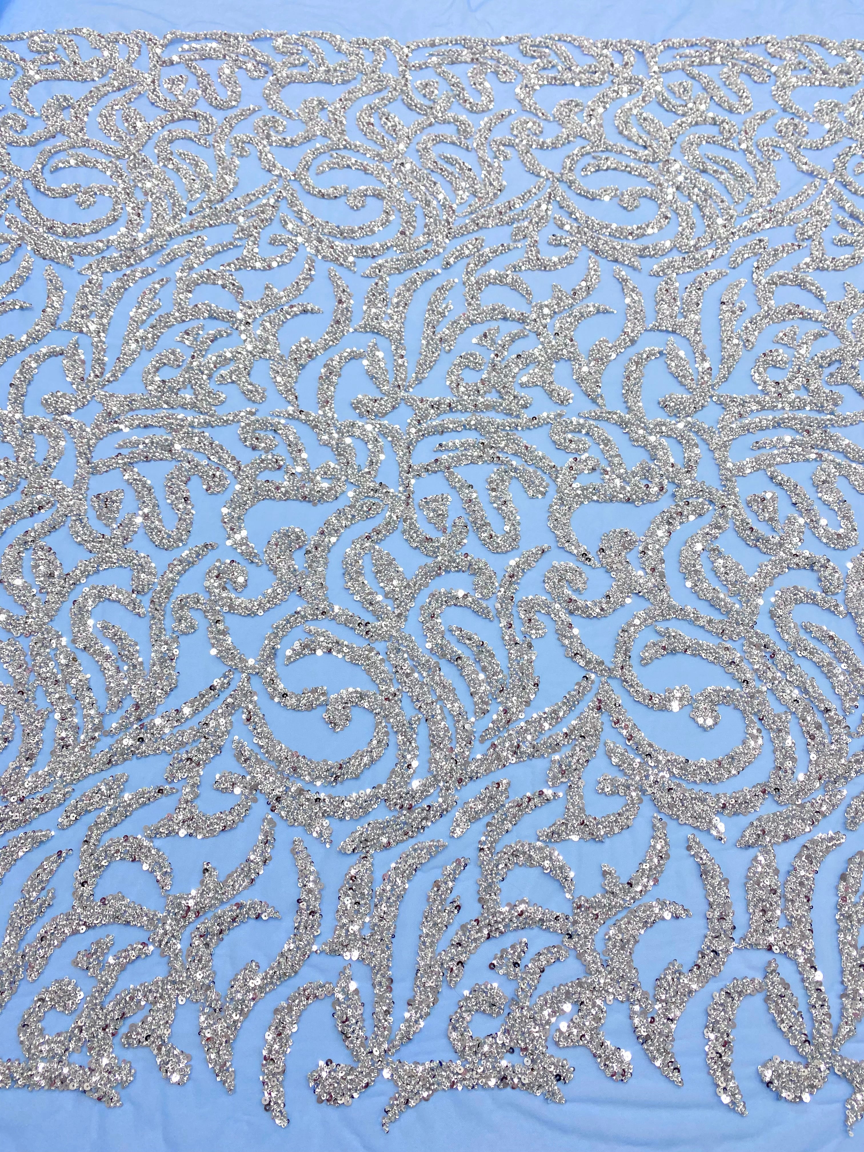 Silver Couture Lace on Blue Tulle, with Symmetrical Pattern, with Beads and Sequins 