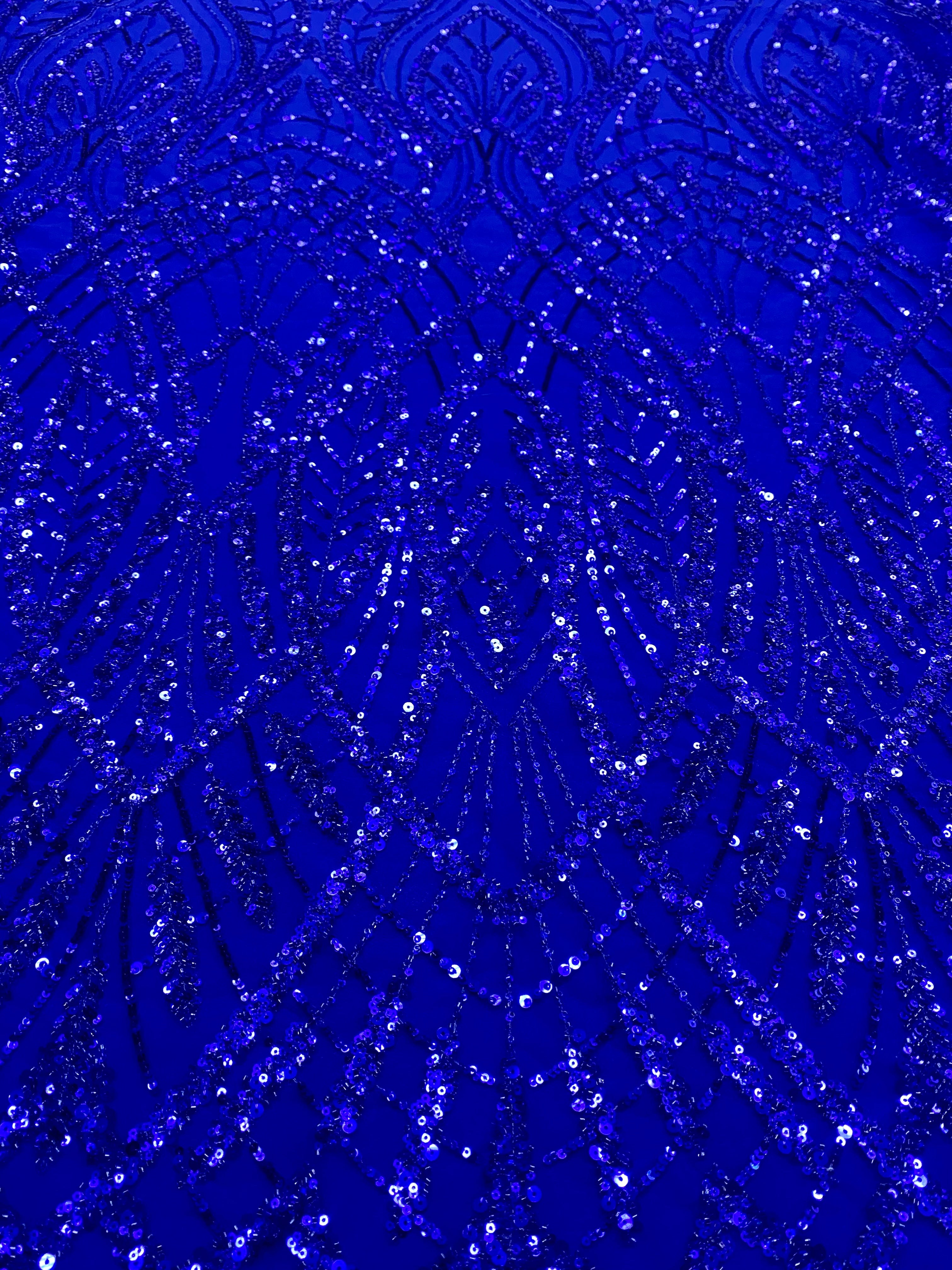 Dantela Couture Albastru Royal cu Model Geometric, cu Margele si Paiete