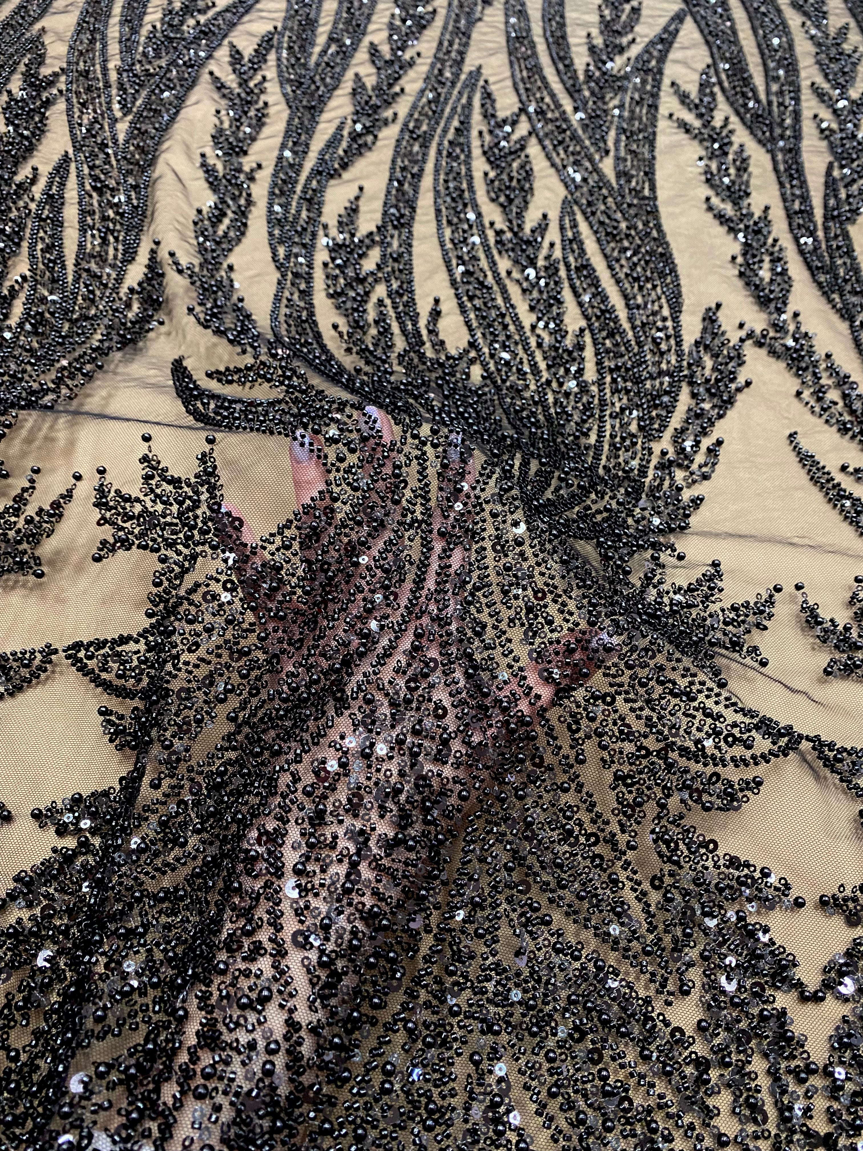 Silver Couture Lace on Blue Tulle, with Symmetrical Pattern, with Beads and Sequins 