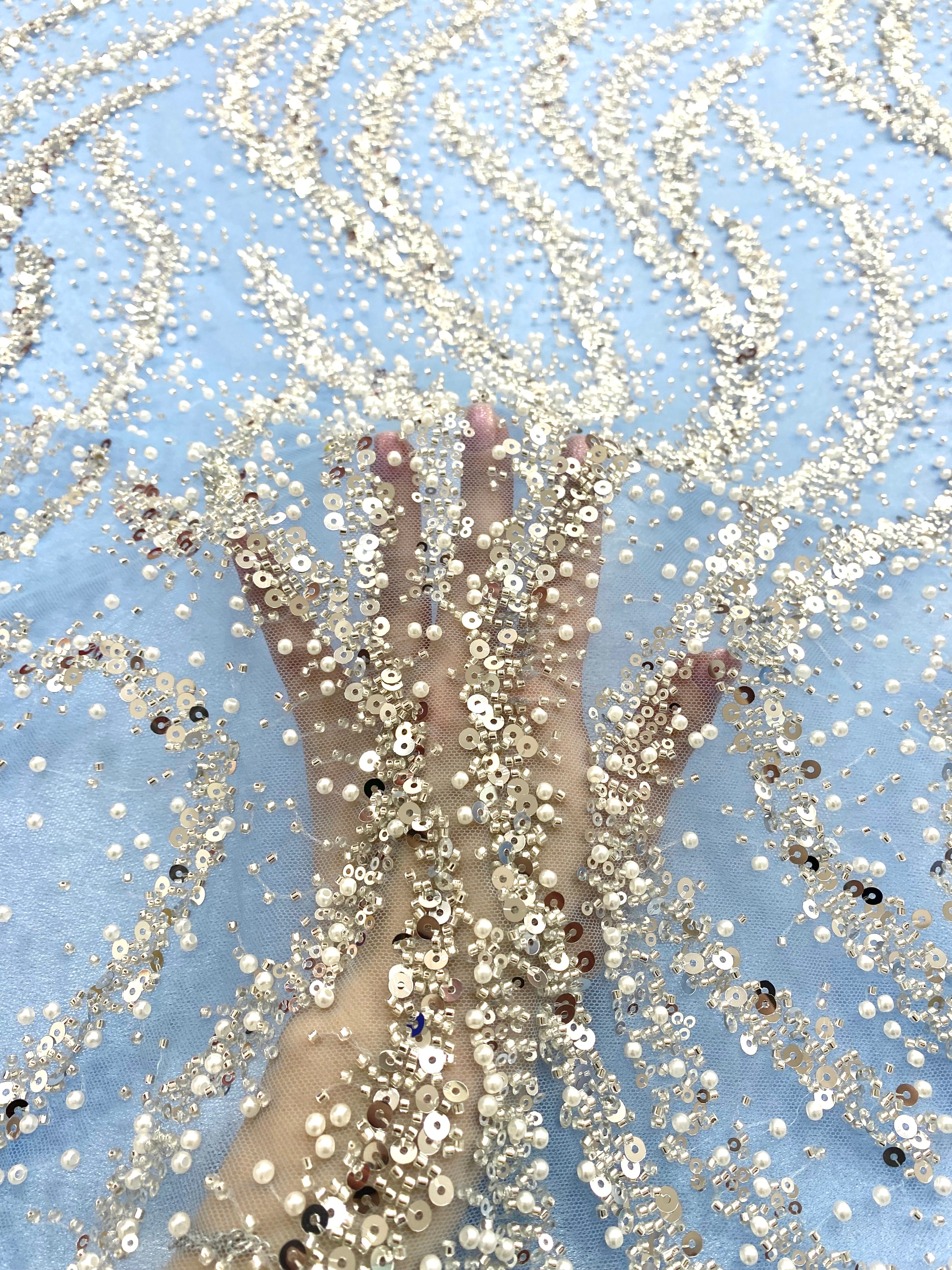 Silver Couture Lace on Blue Tulle with Pearls, Beads and Sequins 