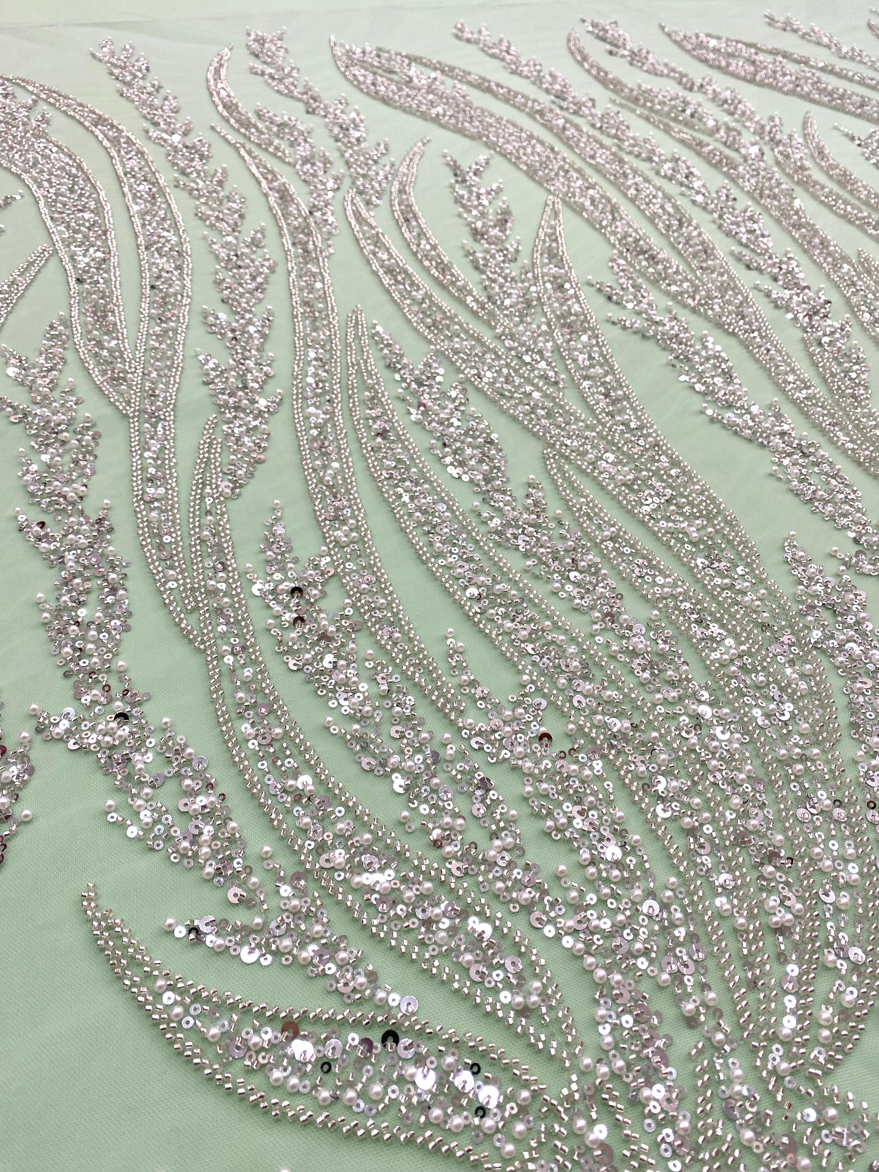 Silver Couture Lace on Mint Green Tulle with Panel, with Pearls, Beads and Sequins
