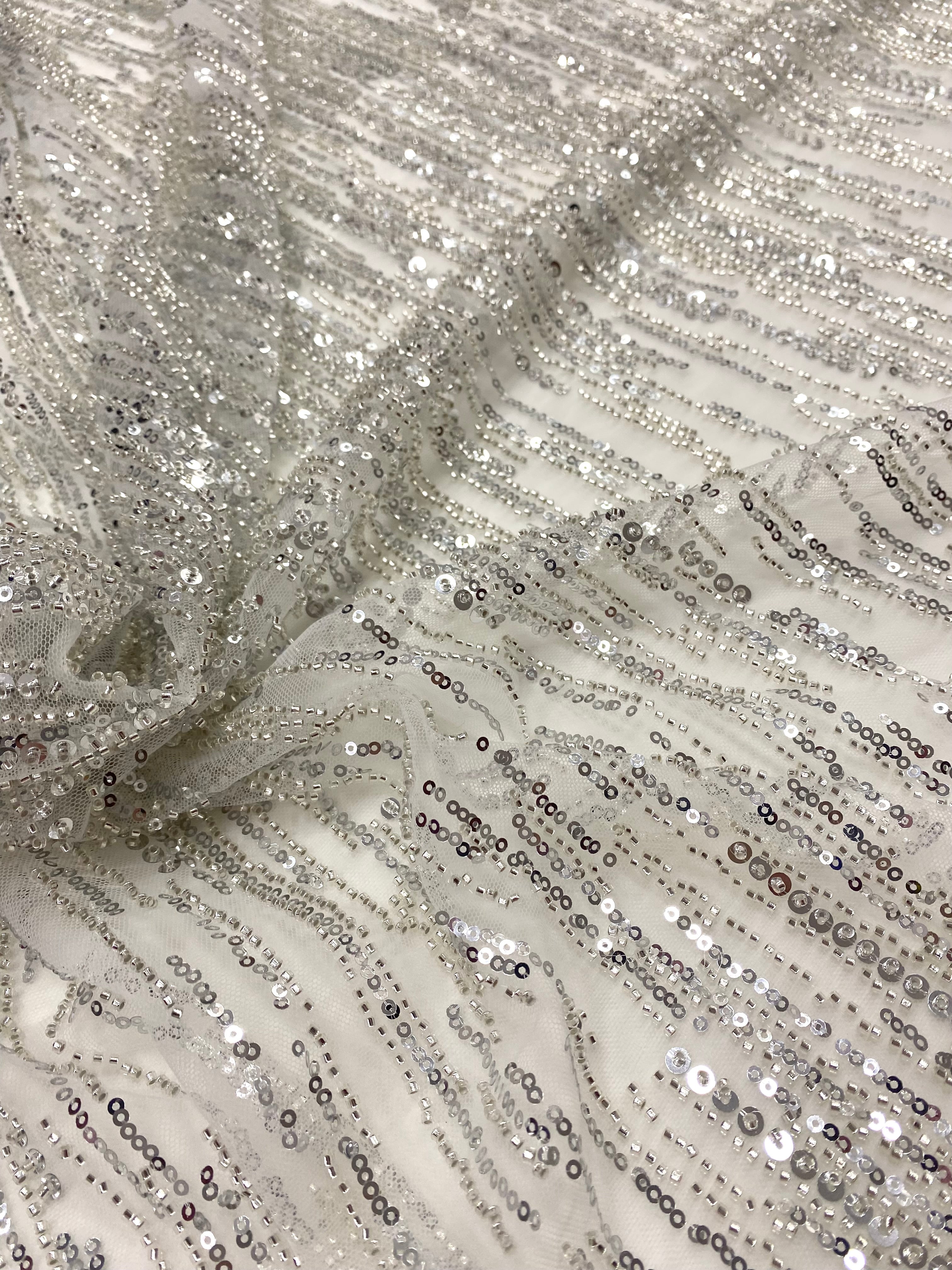 Silver Couture Lace on Ivory Tulle with Linear Pattern, with Beads and Sequins