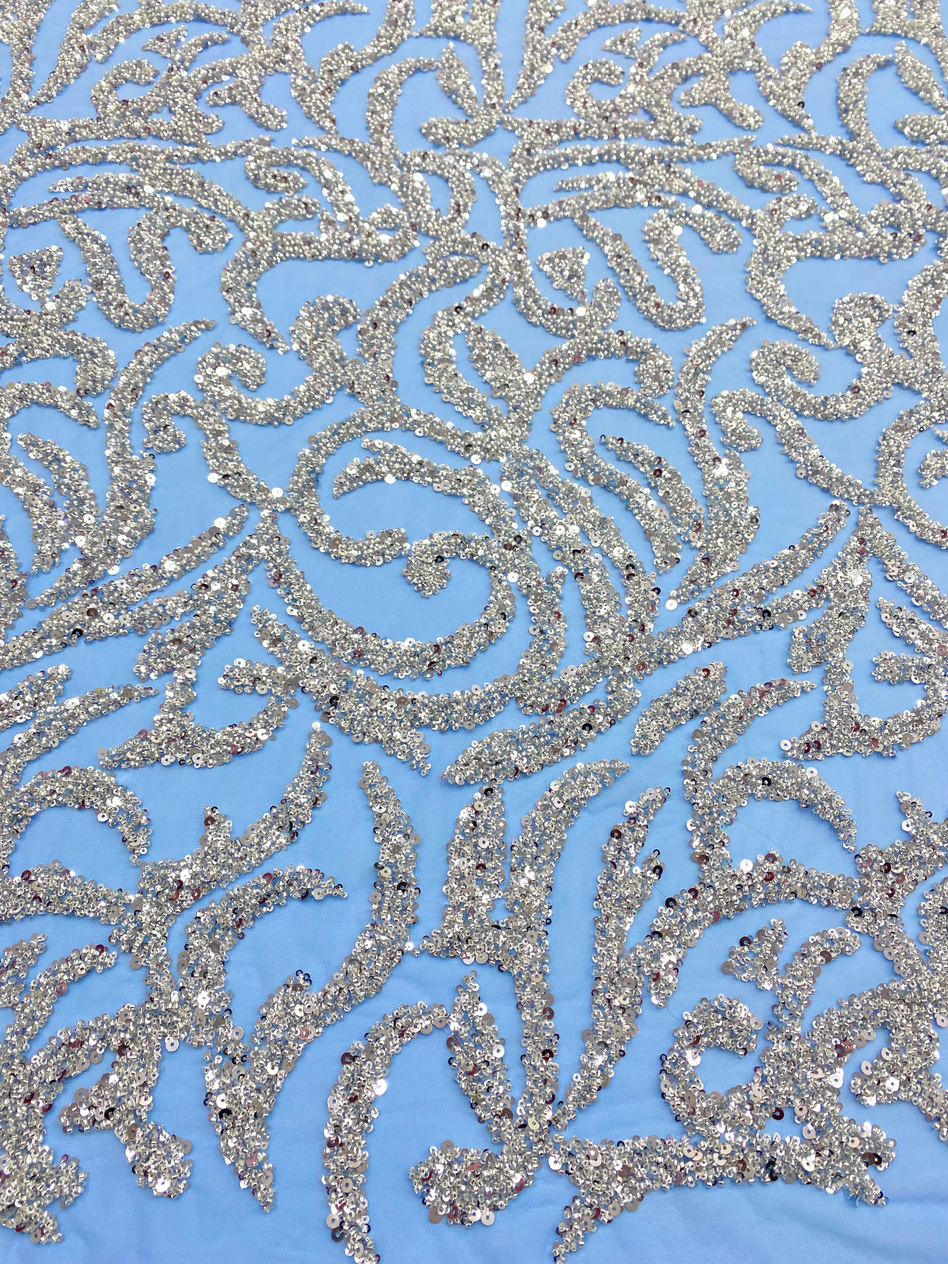 Silver Couture Lace on Blue Tulle, with Symmetrical Pattern, with Beads and Sequins 
