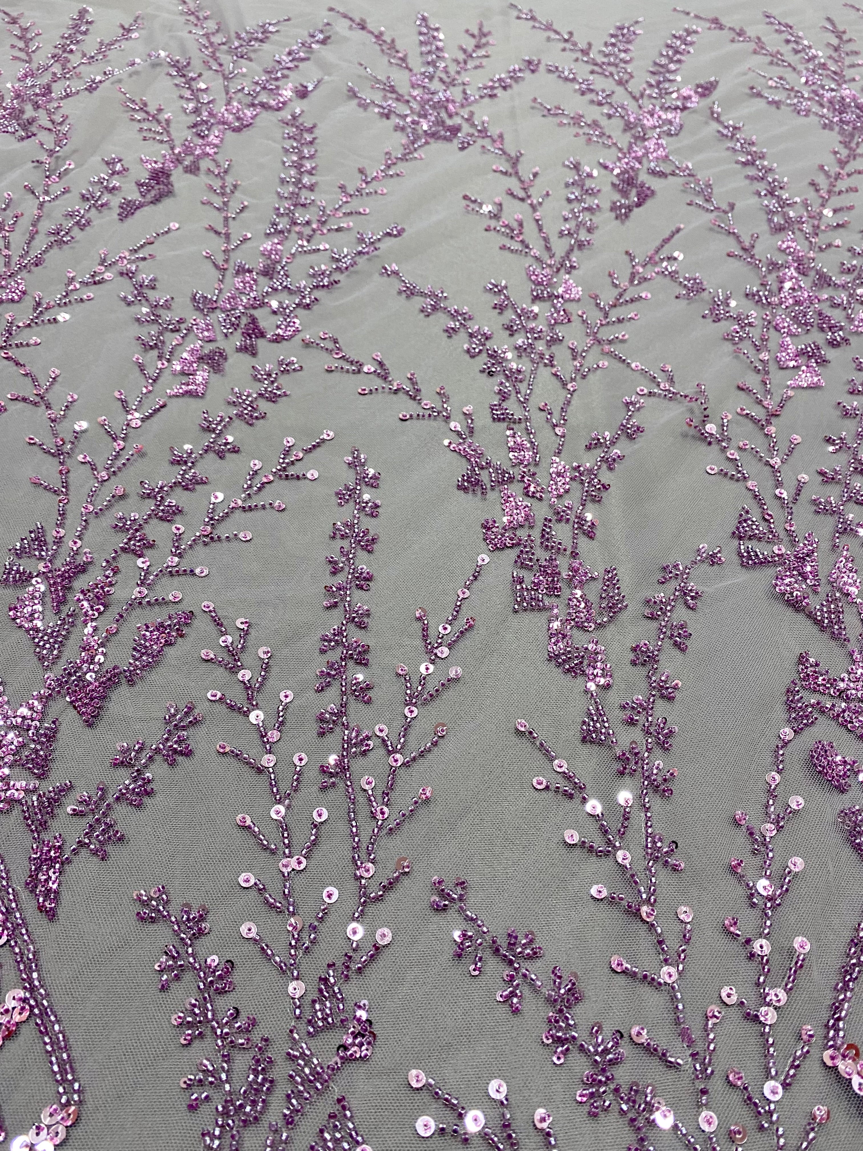 Dantela Couture Lavanda Pudrata cu Model Geometric, cu Margele si Paiete