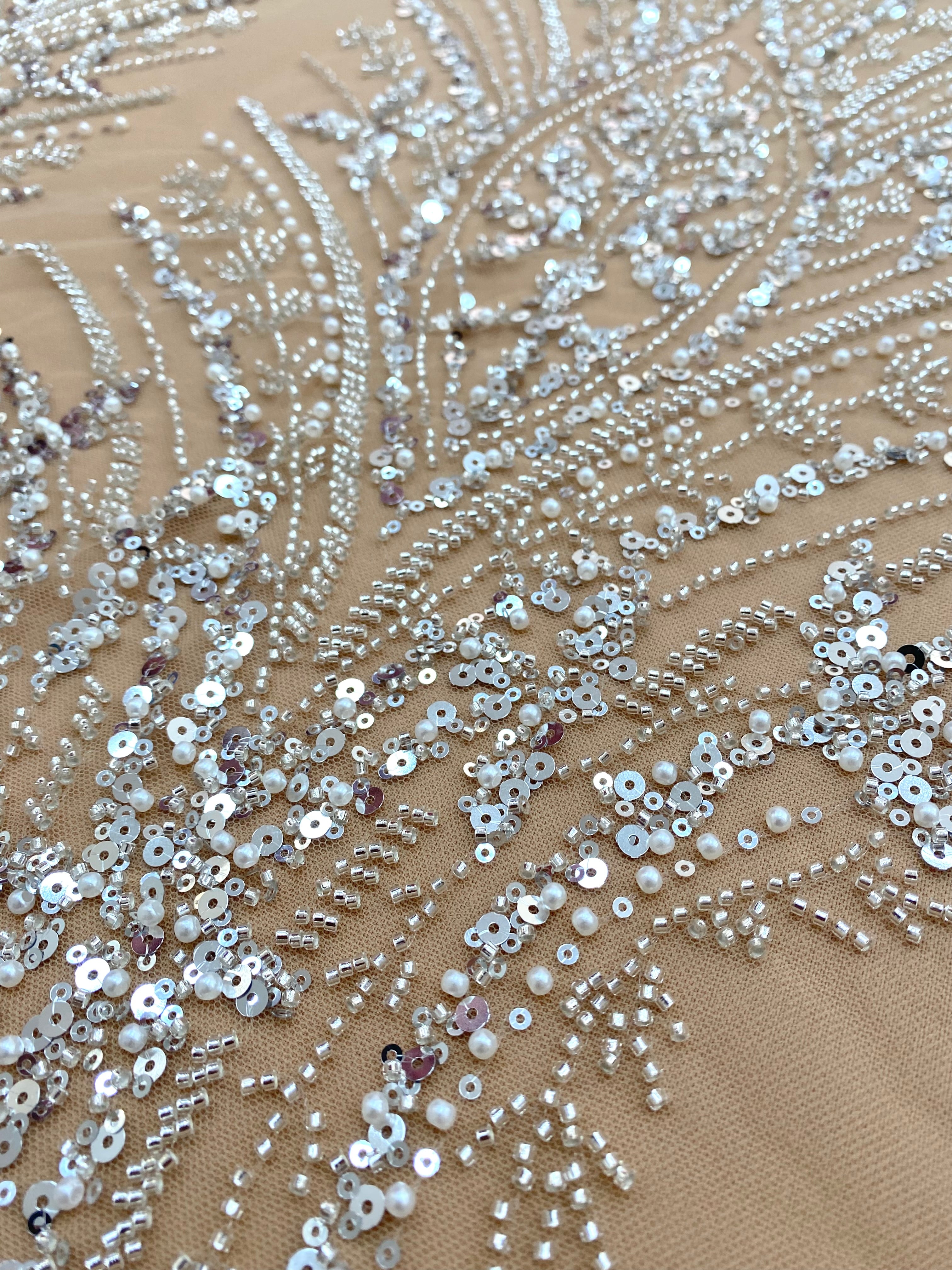 Silver Lace with Linear Pattern, with Pearls and Sequins