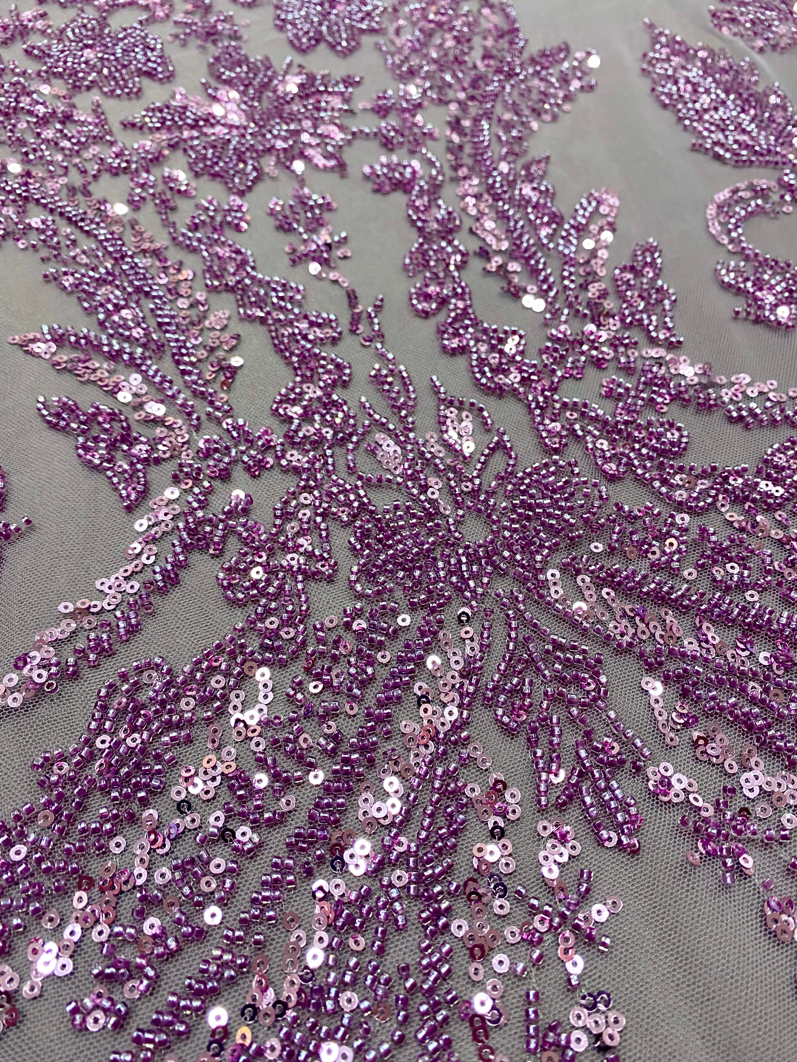 Couture Powder Lace with Floral Pattern, Beads and Sequins