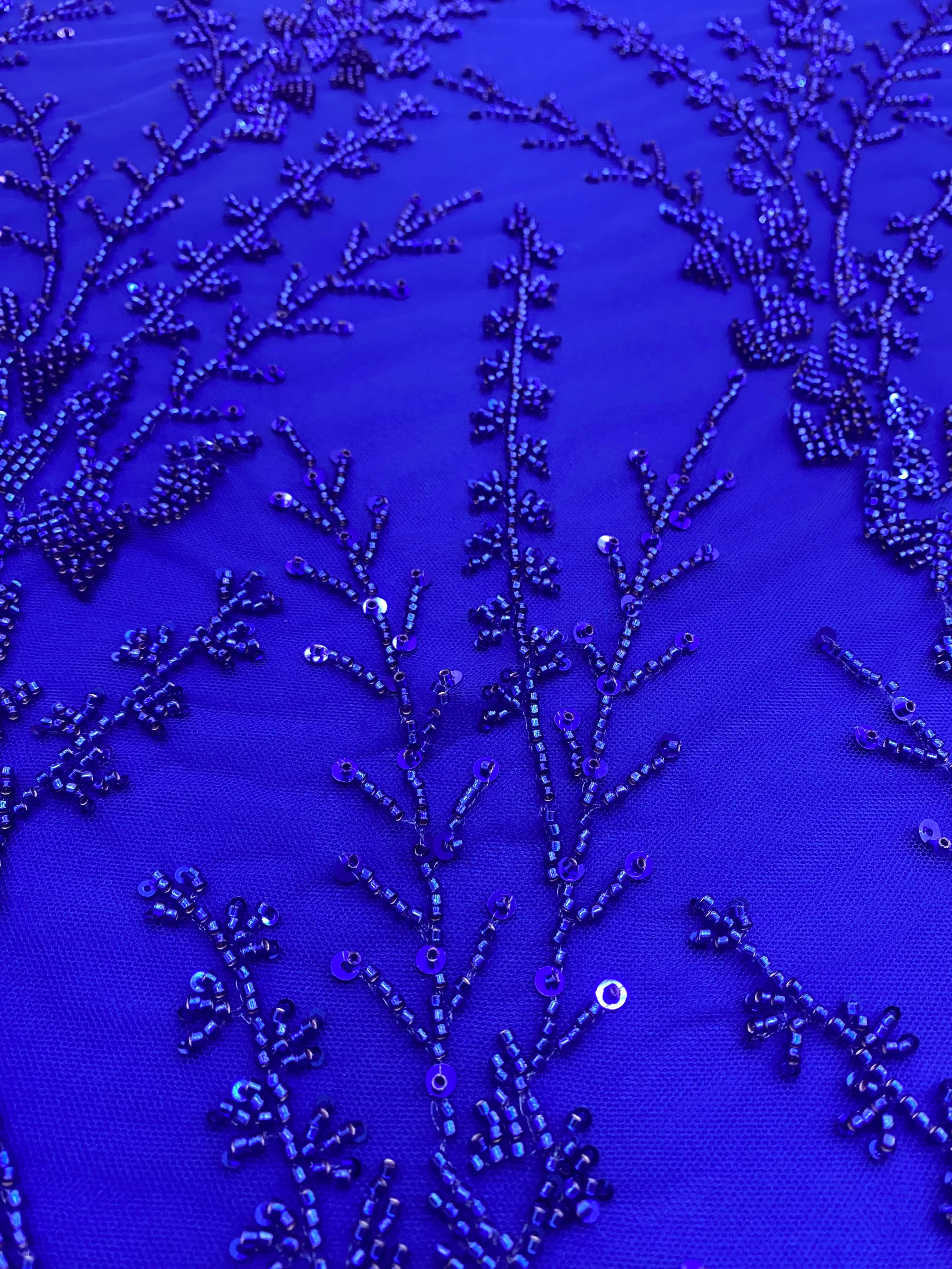 Royal Blue Couture Lace with Geometric Pattern, Beads and Sequins