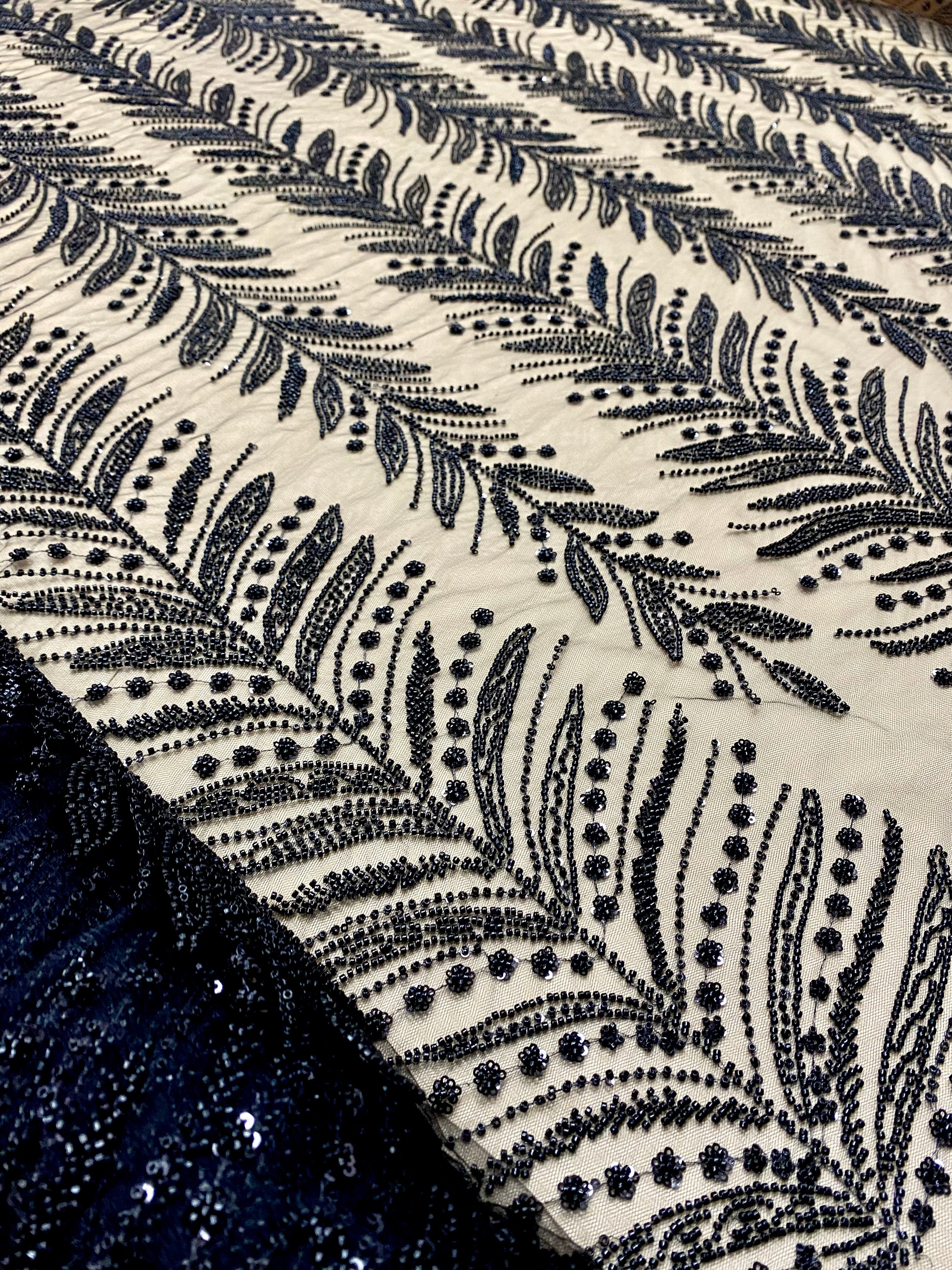 Dantela Couture Neagra cu Crengi, cu Margele si Paiete