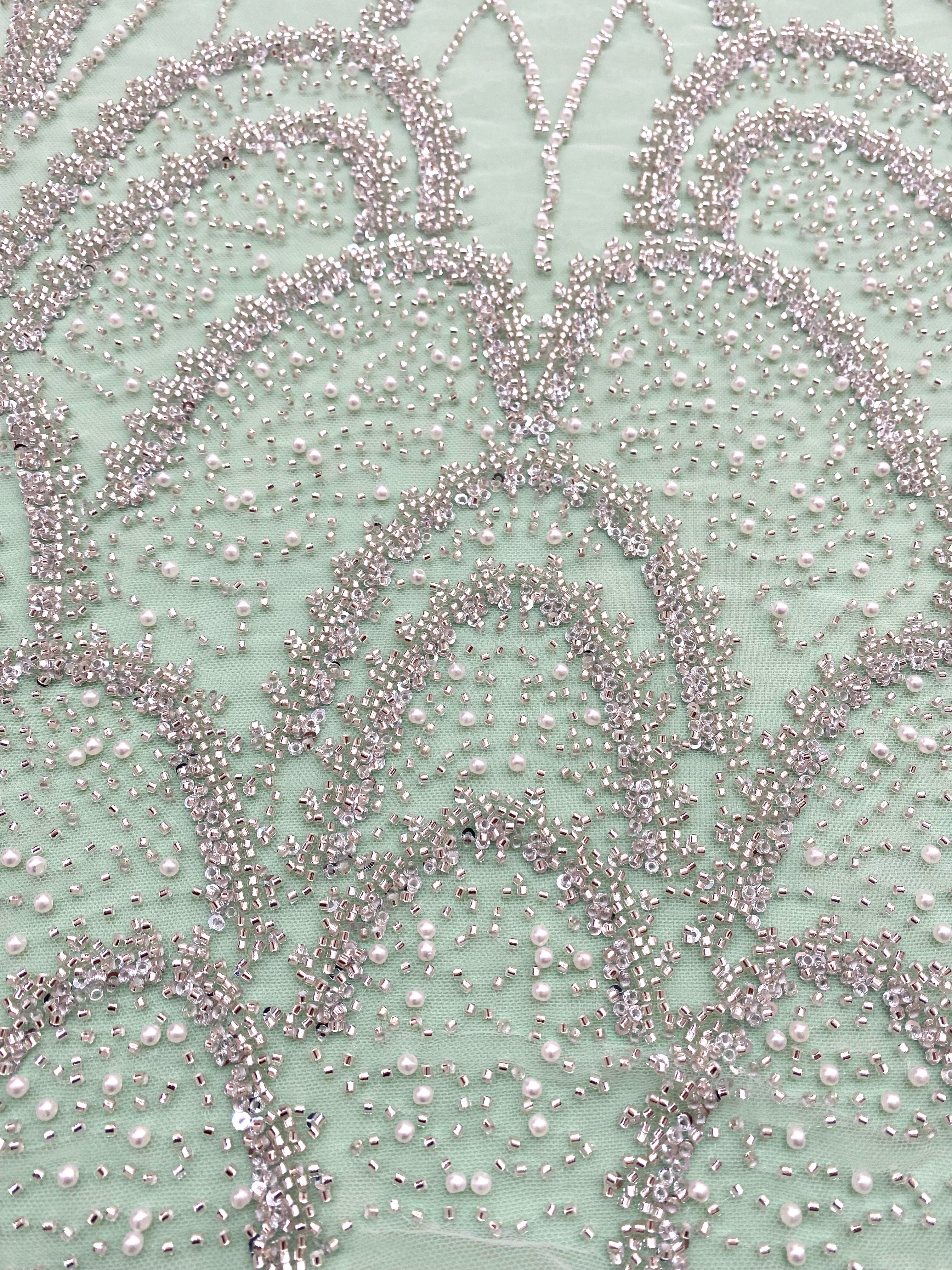 Silver Couture Lace on Mint Green Tulle with Geometric Pattern, with Pearls, Beads and Sequins