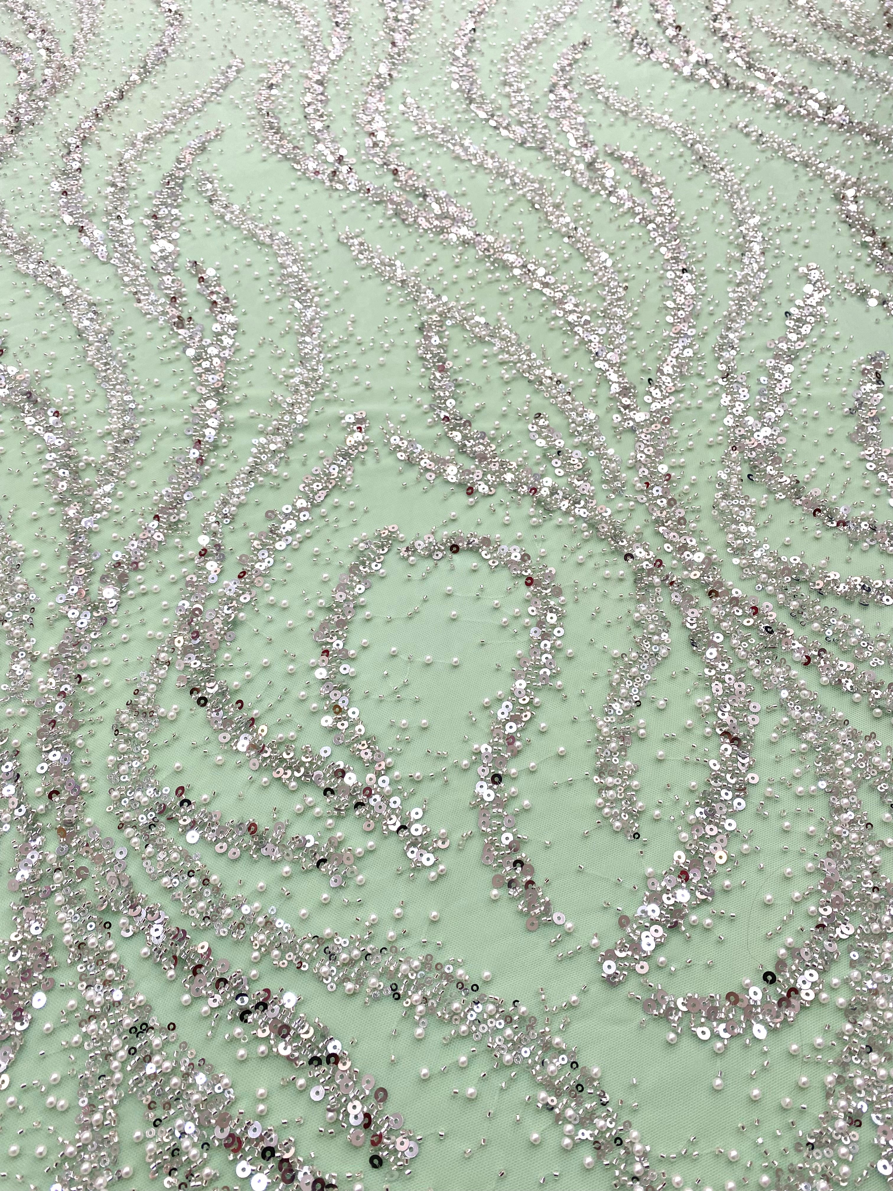Silver Couture Lace on Mint Green Tulle with Pearls, Beads and Sequins
