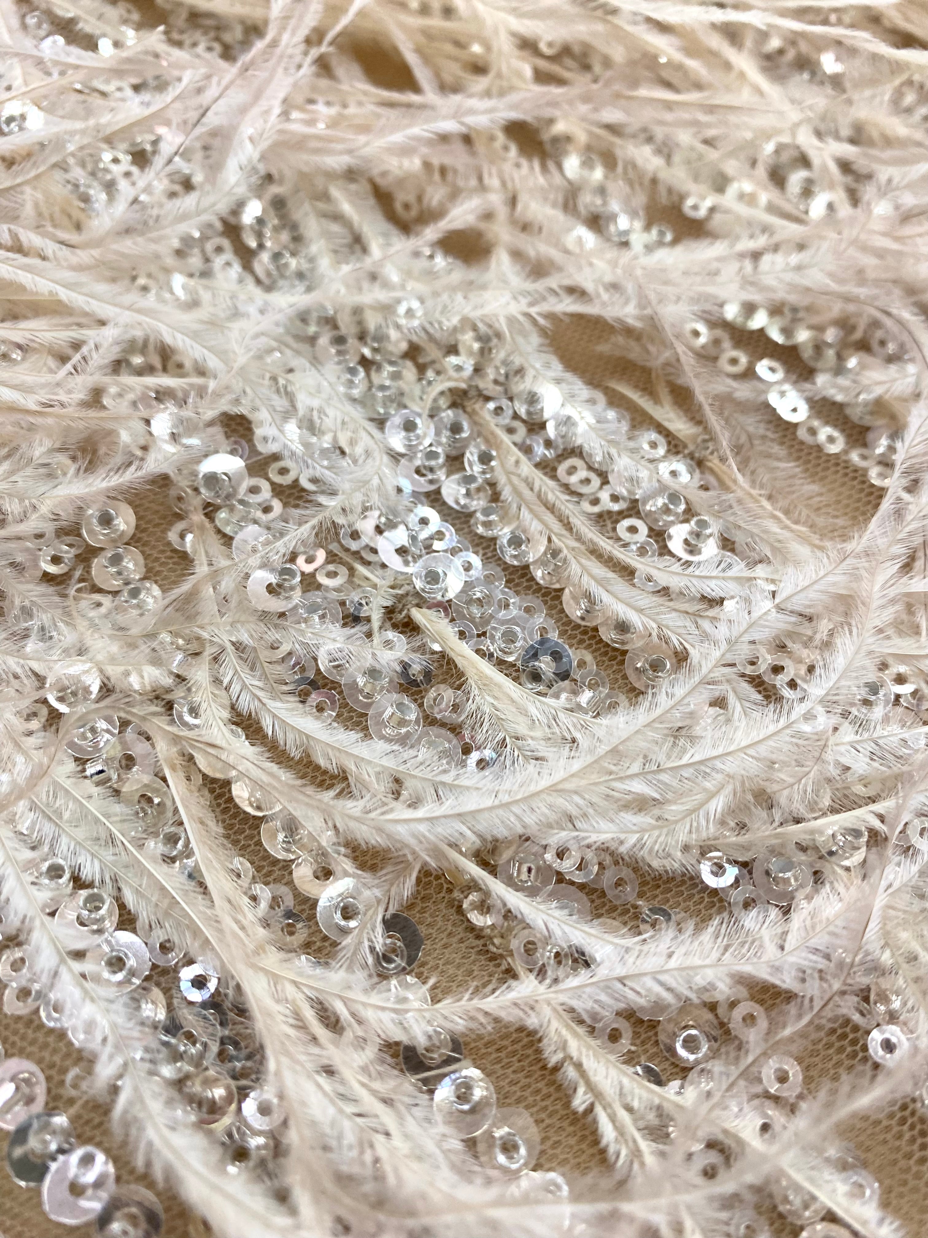 Silver Couture Lace on Nude Tulle with Ostrich Feathers, Linear Pattern, Beads and Sequins