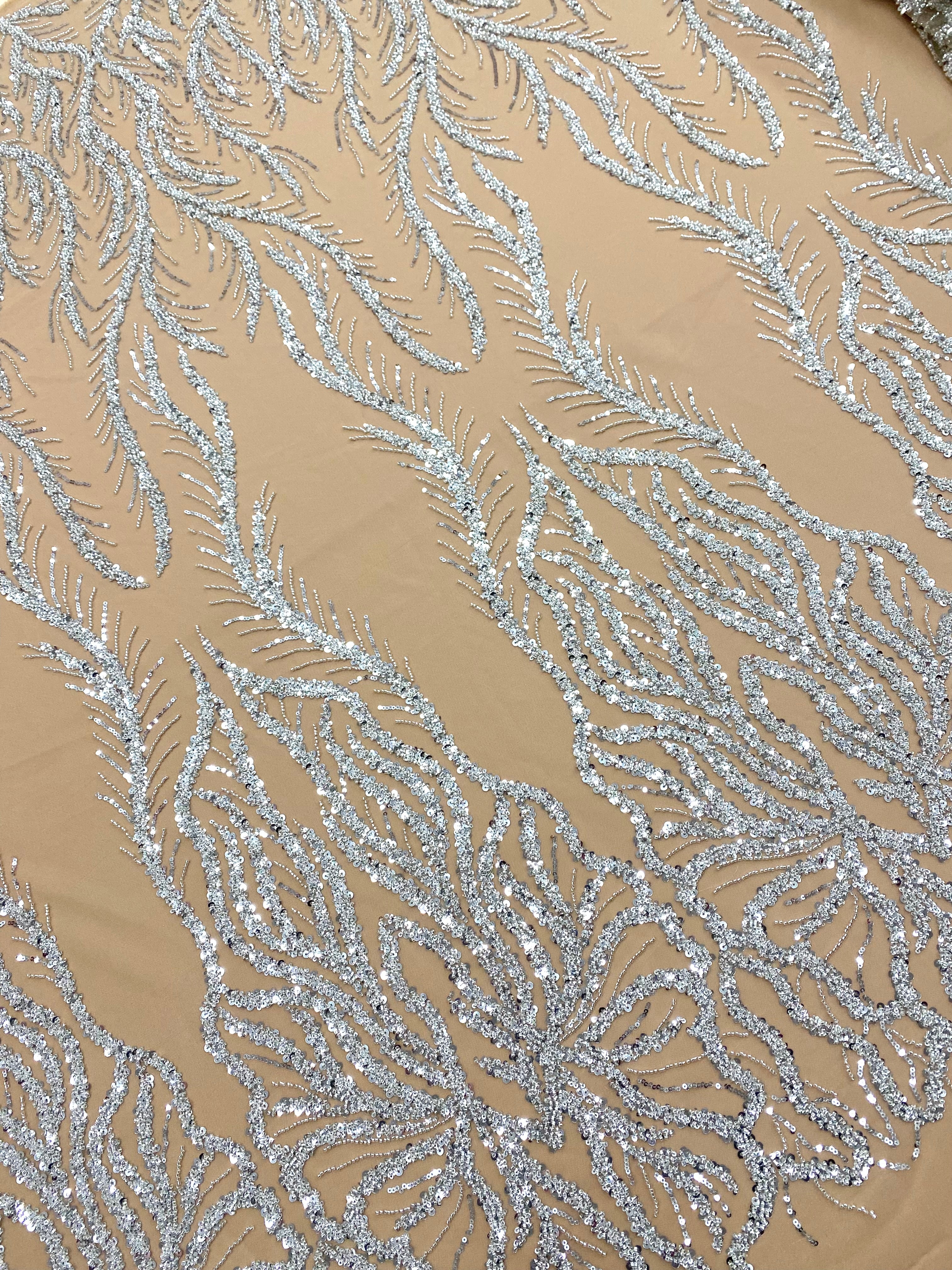 Silver Couture Lace on Nude Tulle with Panel, Beading and Sequins