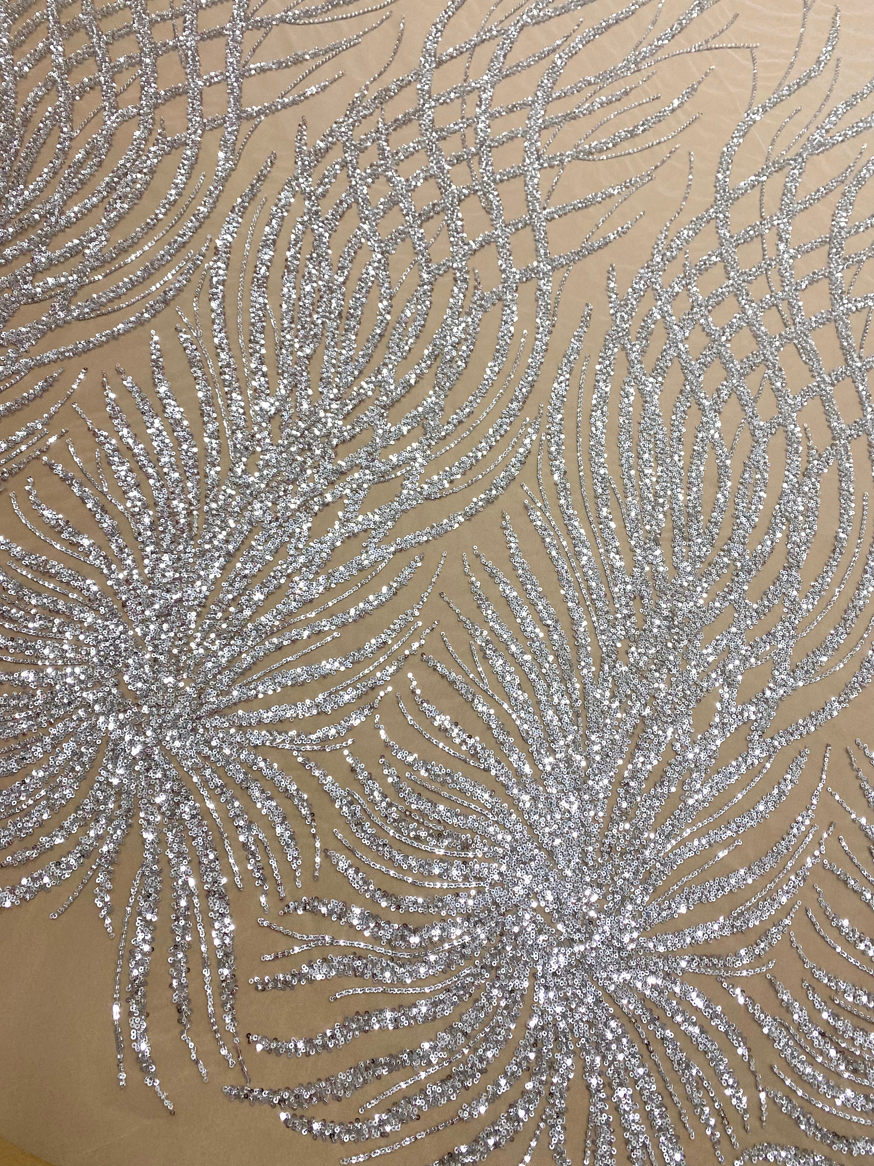 Silver Lace with Geometric Pattern, with Beads and Sequins