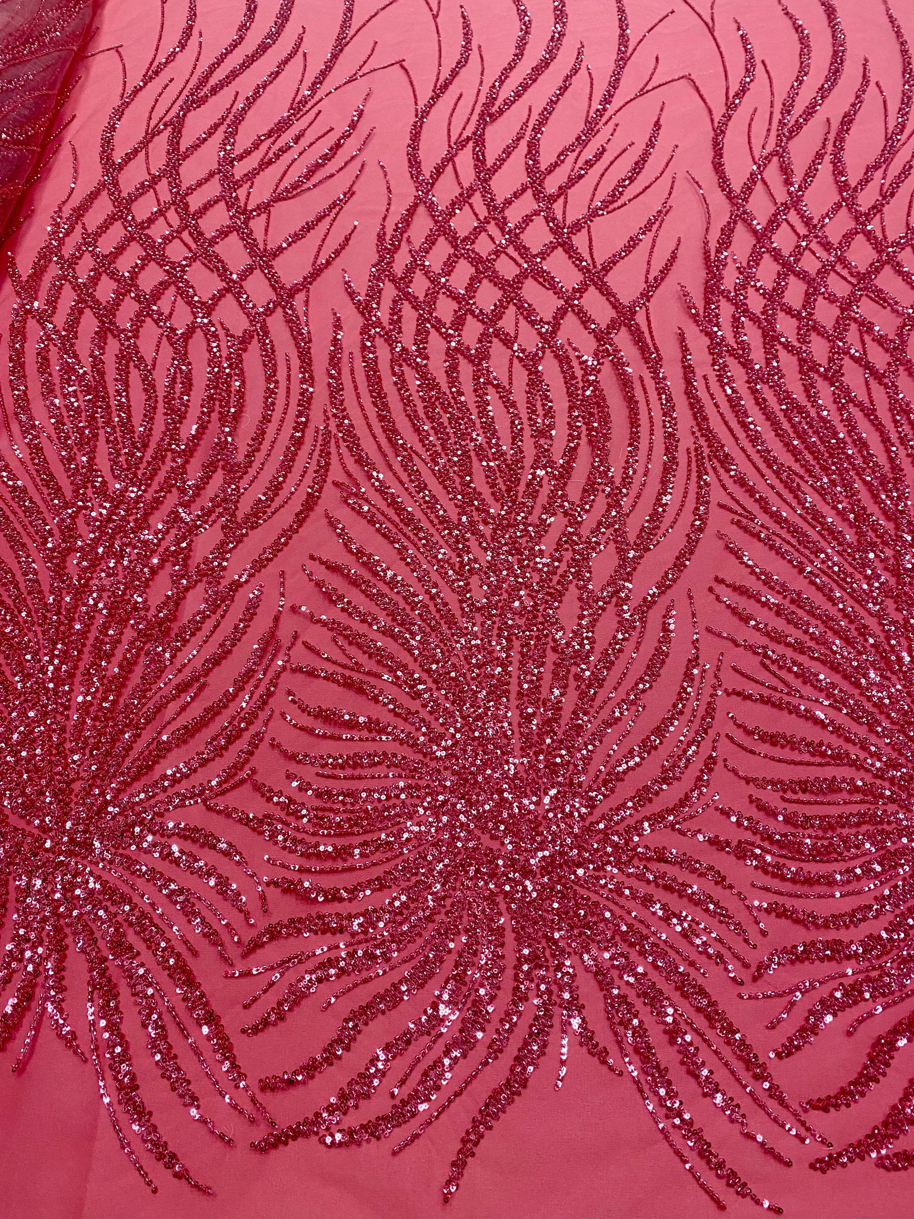 Pink Couture Lace with Geometric Pattern, with Beads and Sequins