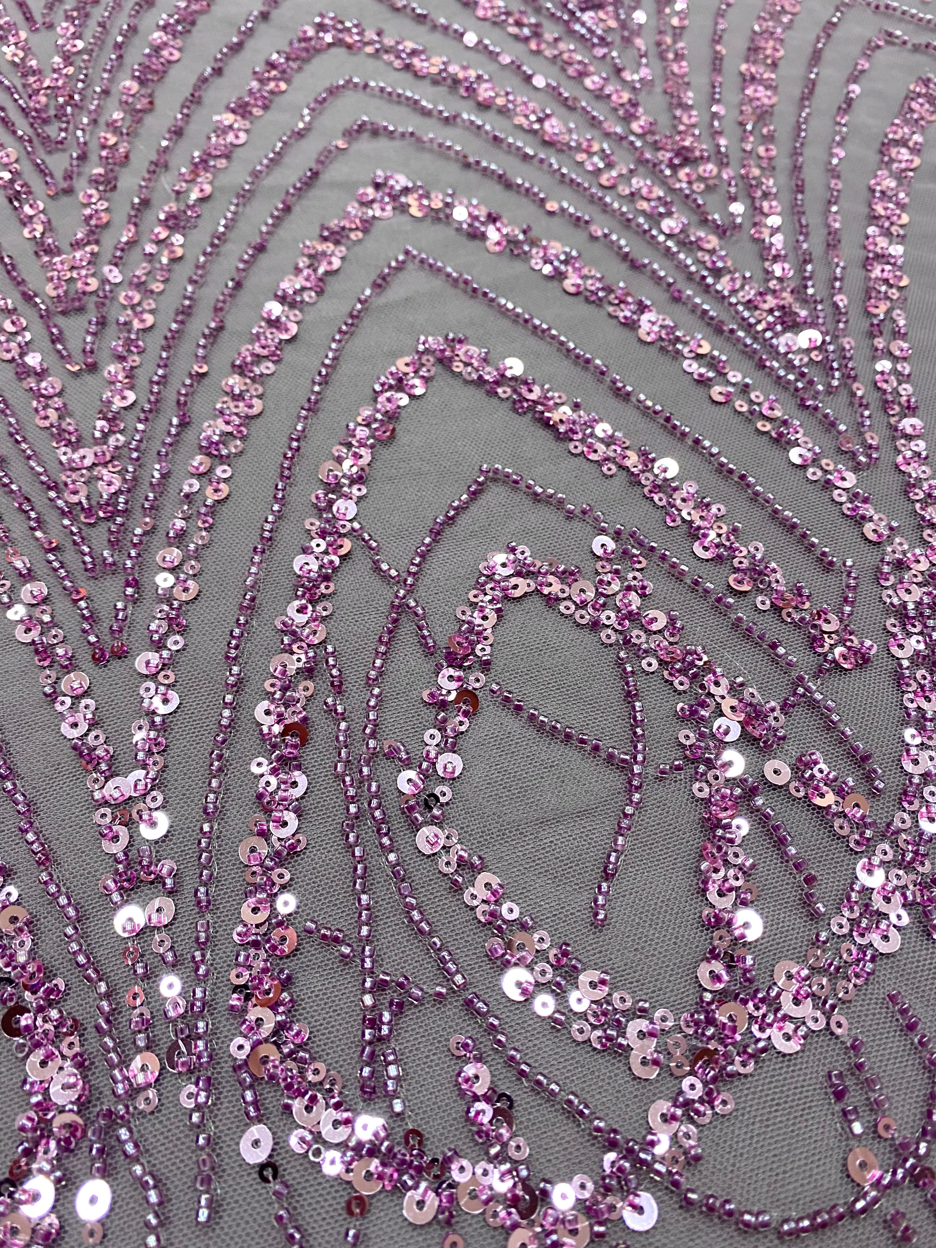 Dantela Couture Lavanda Pudrata cu Model Geometric cu Margele si Paiete