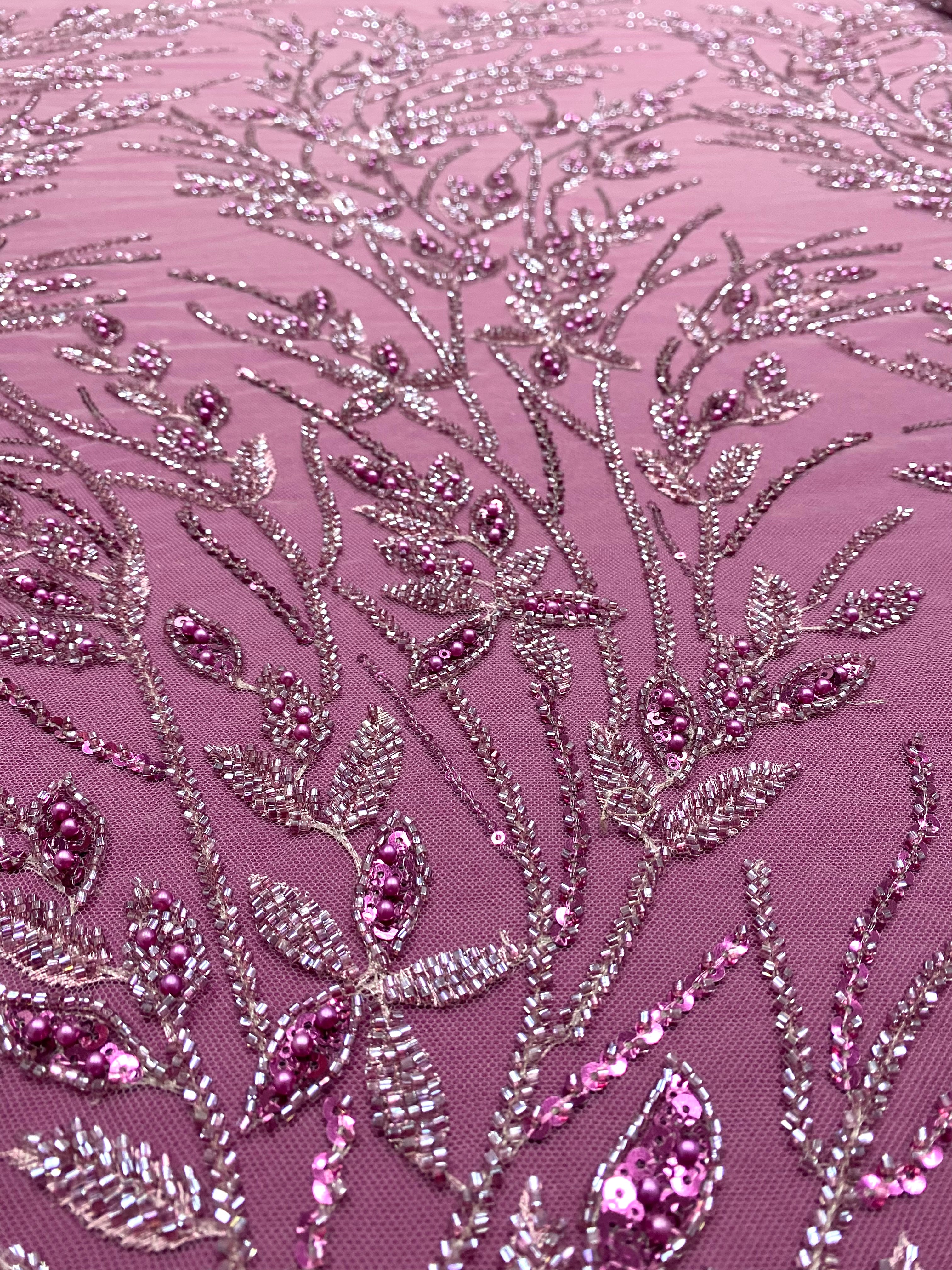 Magenta Couture Lace with Floral Pattern, Pearls, Beads and Sequins 